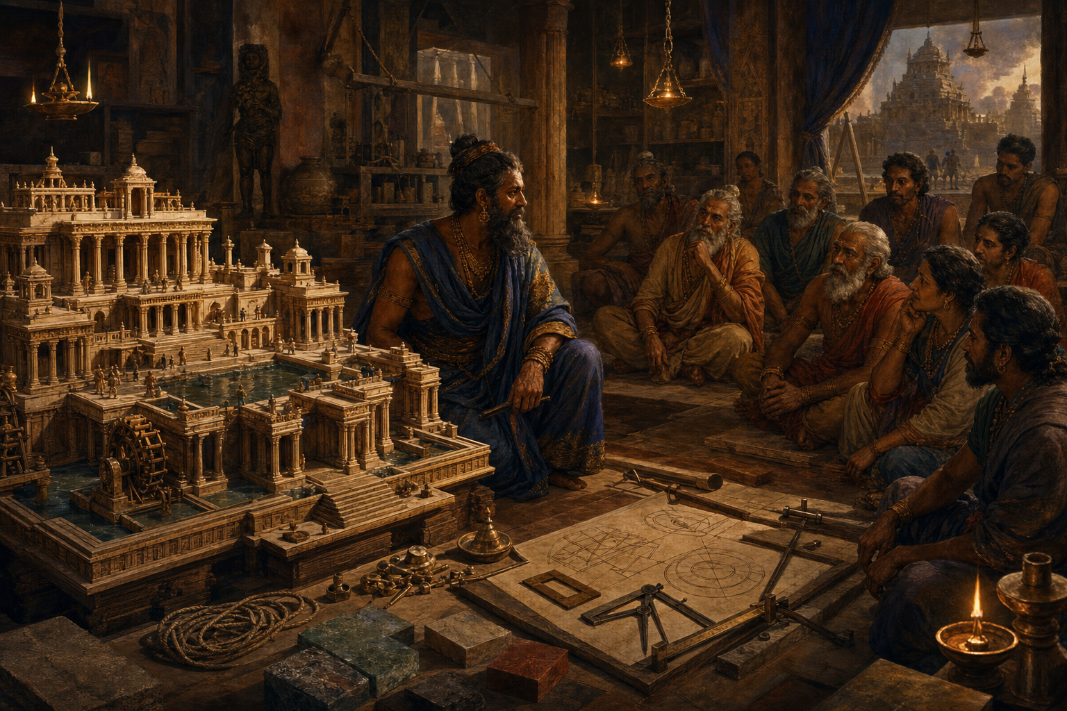The legendary architect Mayasura studies an intricate palace model while elders and craftspeople gather around him in a lamplit workshop.