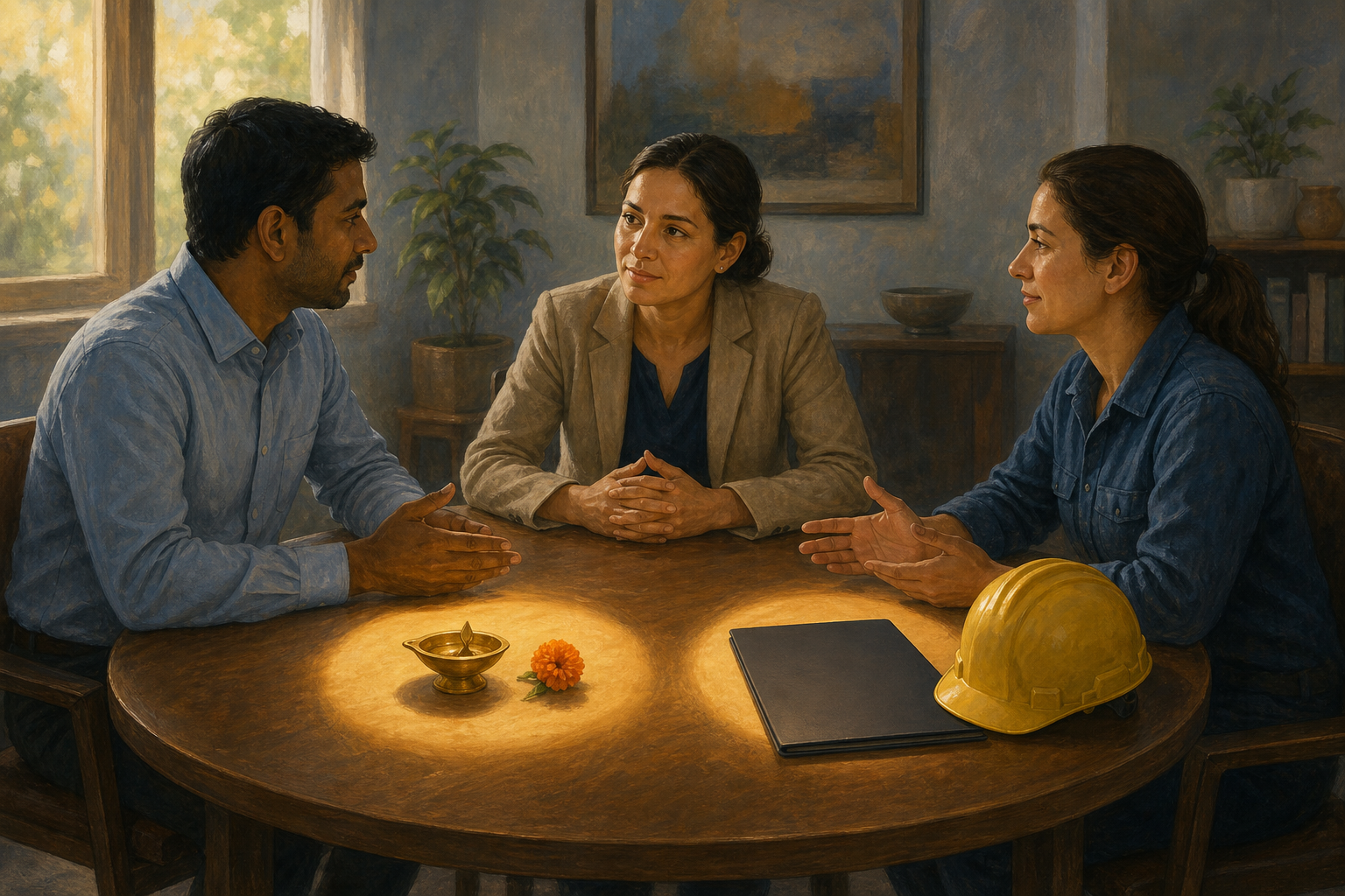 Three people representing an immigrant professional, a worker and a public official discuss policy around a round table with a lamp, flower, blank folder and hard hat.