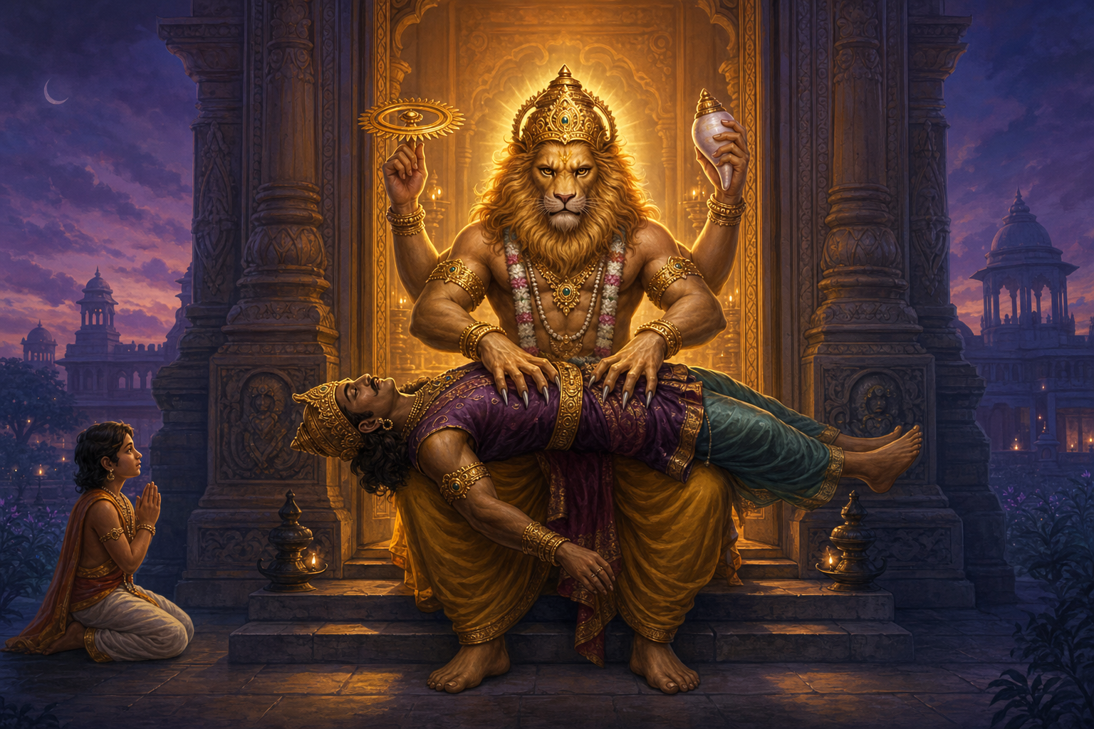 Narasimha holds the crowned Hiranyakashipu across his thighs at a palace doorway and places his bare claws against the tyrant's torso while Prahlada kneels nearby.