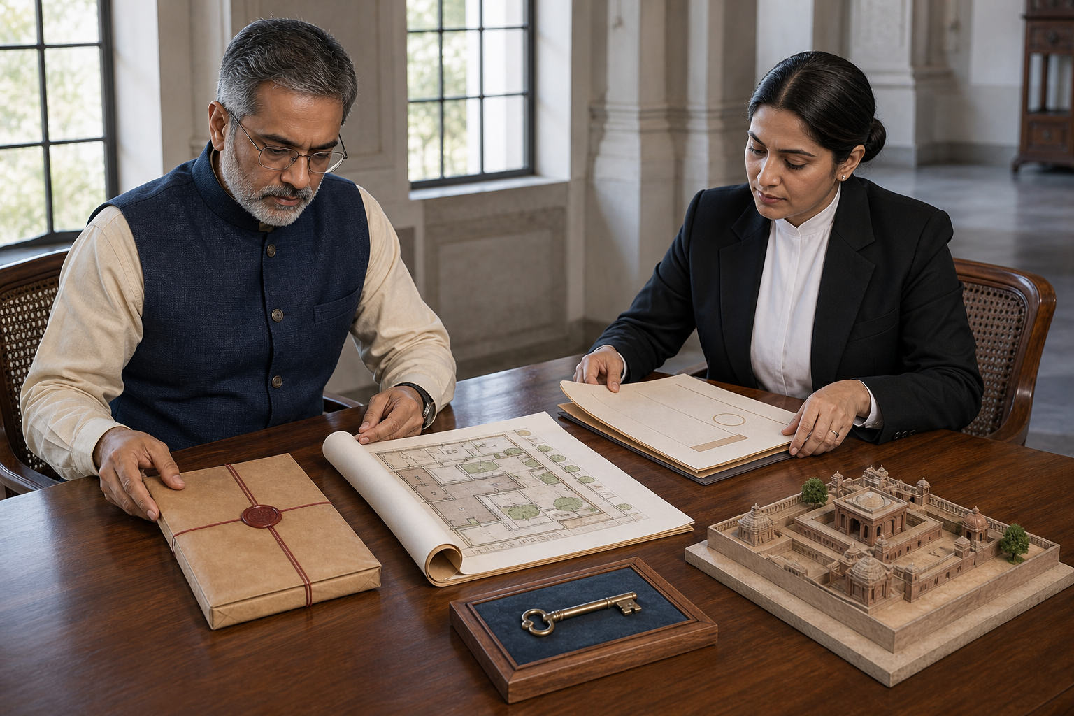 A trustee and a lawyer sort an official order, site map, legislative file, access key, and sacred-site model into separate groups on a table.