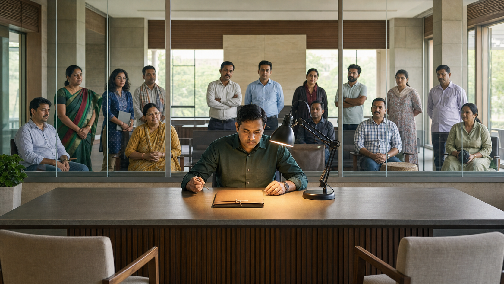 A neutral investigator reviews one case file while a diverse group of citizens observes from a transparent public gallery.