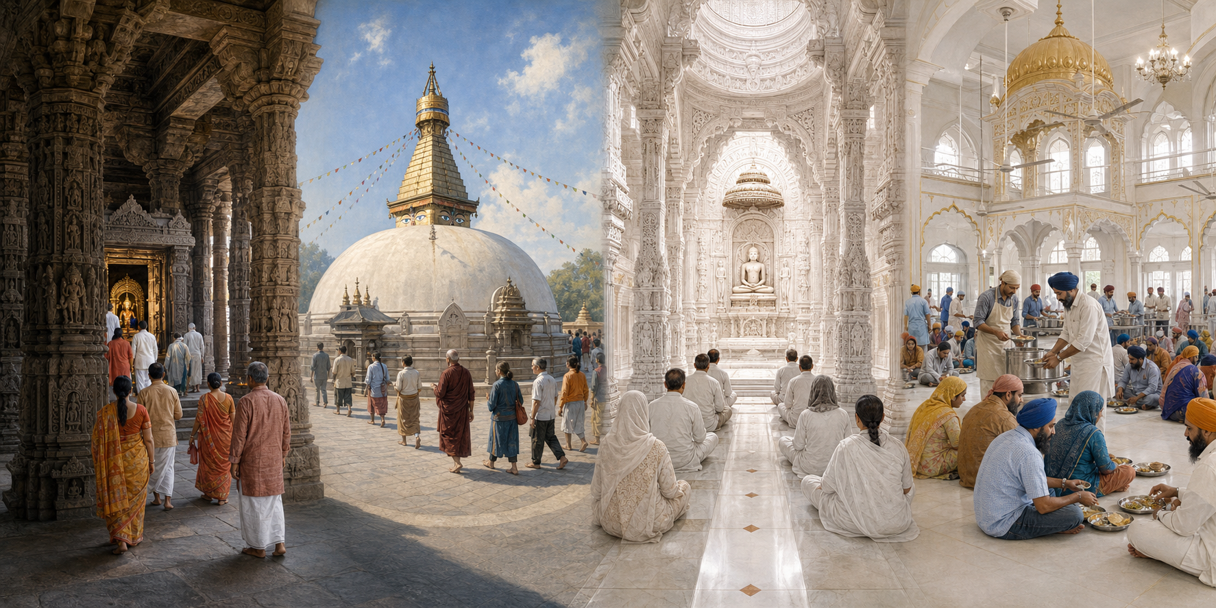 Four architectural scenes show Hindu devotees approaching a shrine, Buddhists circling a stupa, Jains meditating in a marble derasar and Sikhs sharing a langar meal.