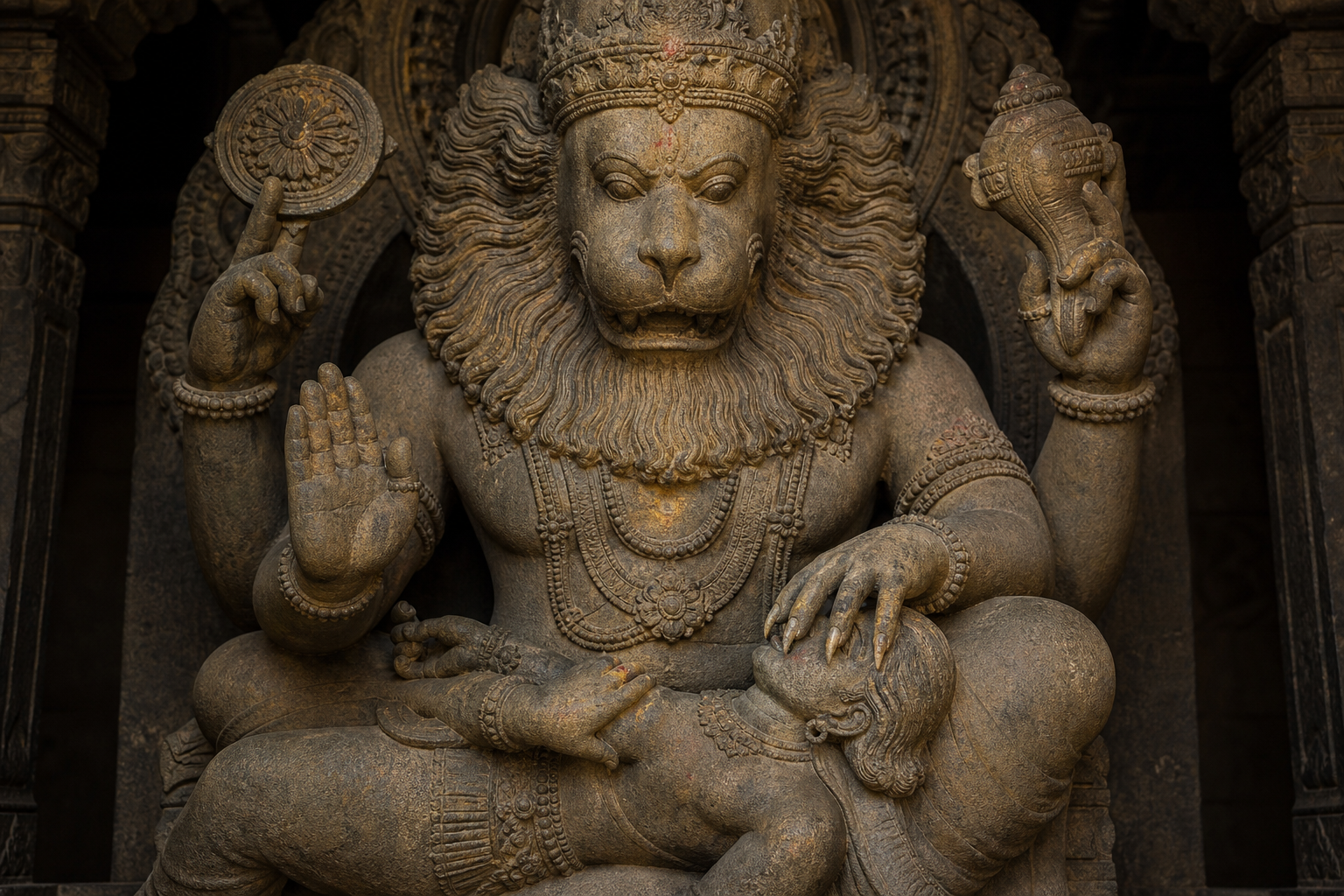 Close view of a stone Narasimha murti showing extended claws, a stabilizing hand, a protective open palm, and upper hands holding a conch and discus.