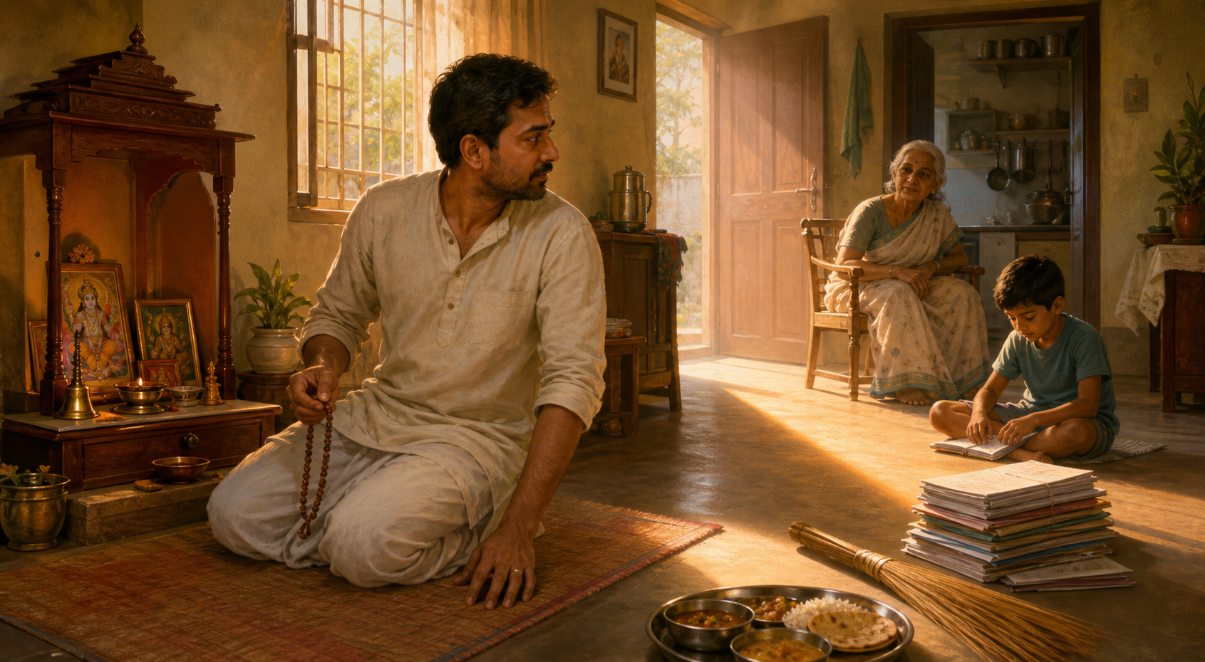 A householder turns from morning prayer toward family members, a meal, cleaning tools, and household responsibilities illuminated by the same warm light.