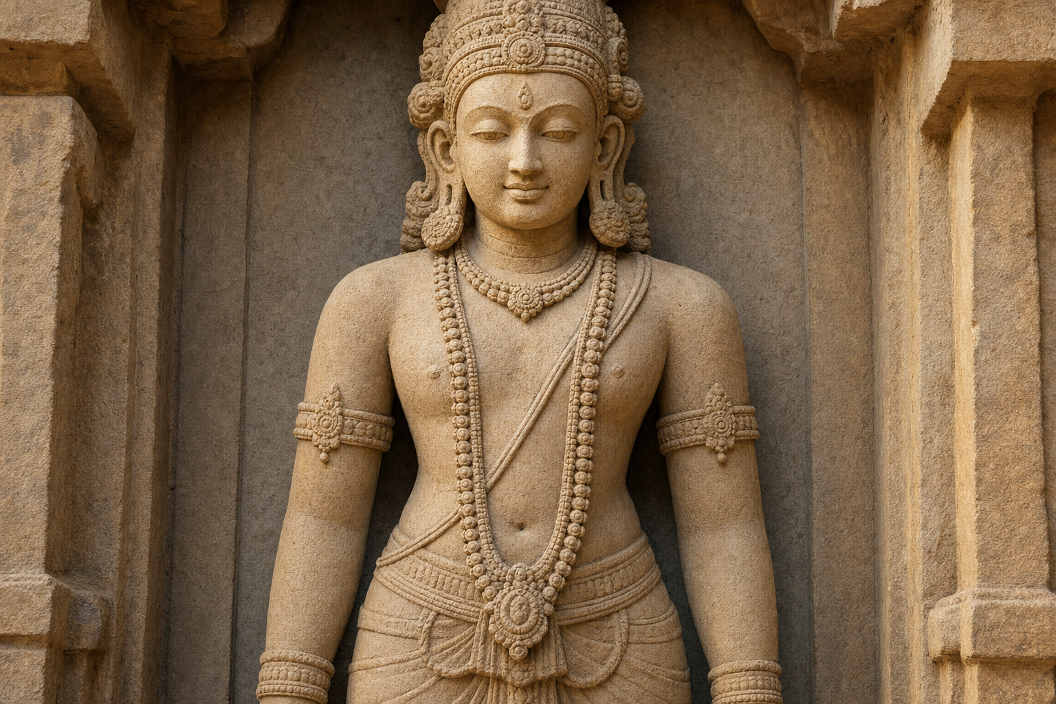 Stone sculpture of a Hindu divine figure wearing a long layered necklace, shorter collar, armlets, earrings, and a diagonal sacred thread.