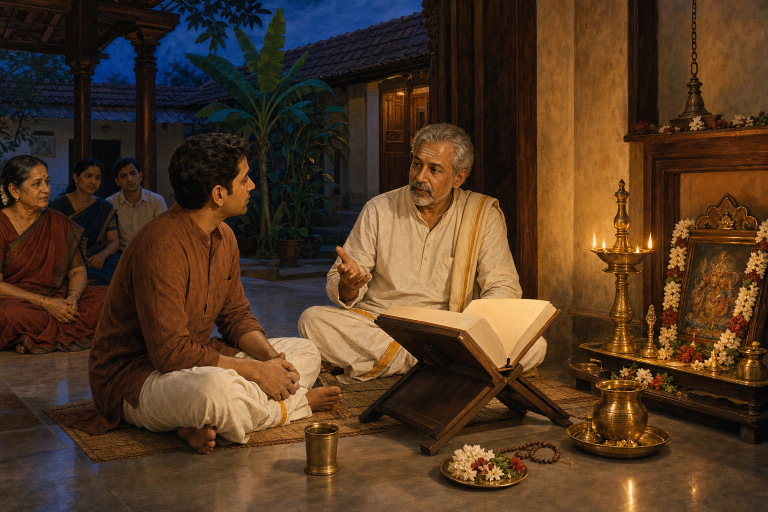 A seeker studies with an older spiritual teacher beside a flower-decorated household shrine and glowing brass lamp.