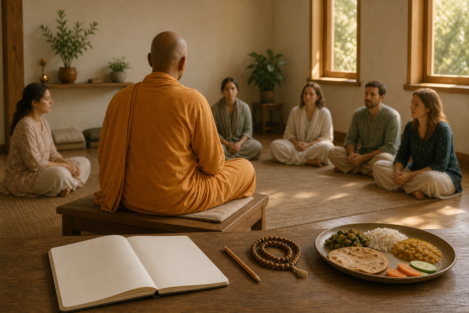 A saffron-robed spiritual teacher seen from behind addresses an attentive gathering, with a blank notebook, pencil, prayer beads, and feast plate in the foreground.