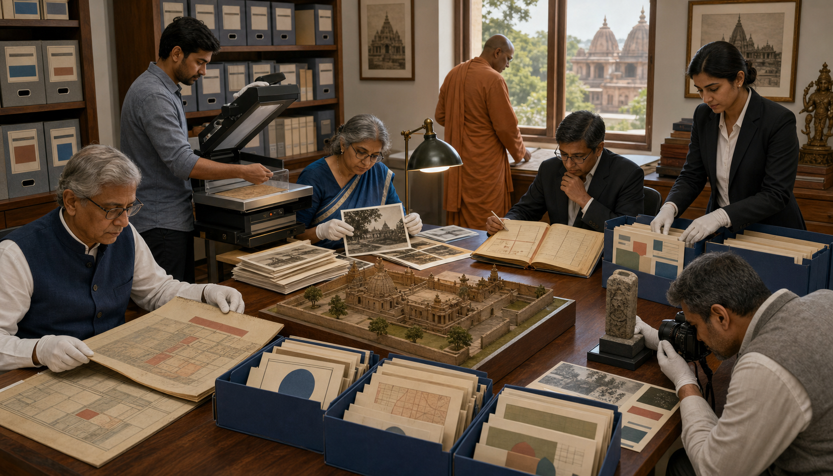 Trustees, an archivist, and a lawyer organize plans, photographs, ledgers, and site evidence in a records room.