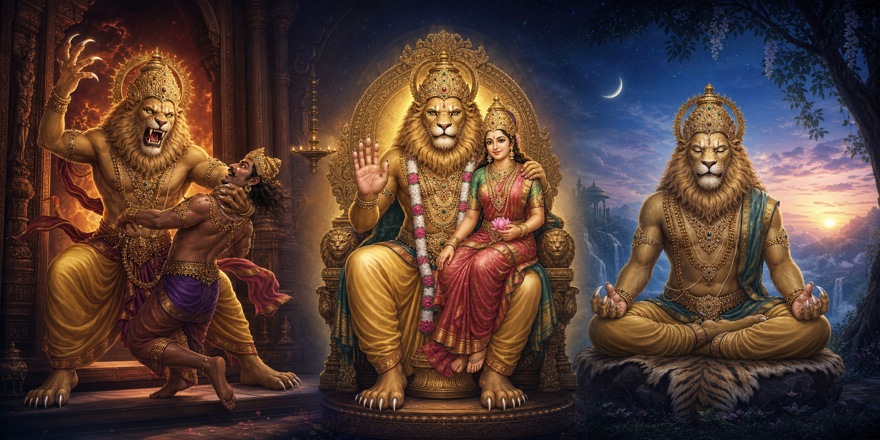 Three connected scenes show Narasimha with extended claws in combat, softened hands beside Lakshmi, and gently curved fingers during meditation.