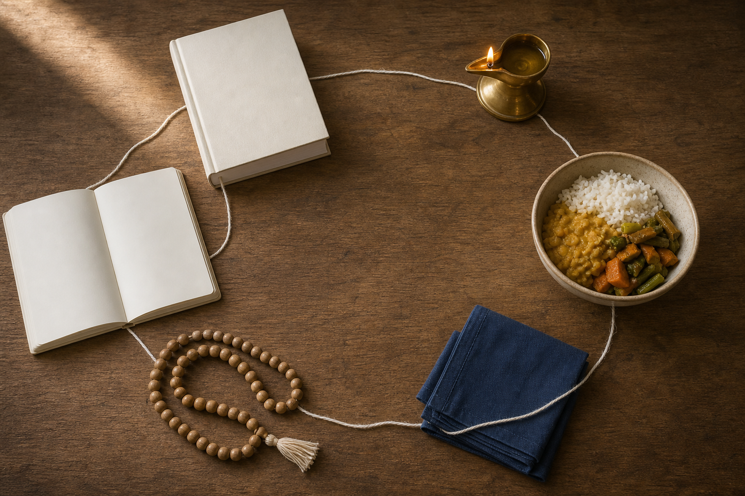 Prayer beads, a blank journal, a plain book, an oil lamp, a food bowl, and folded cloth are connected by a cotton thread on a wooden surface.