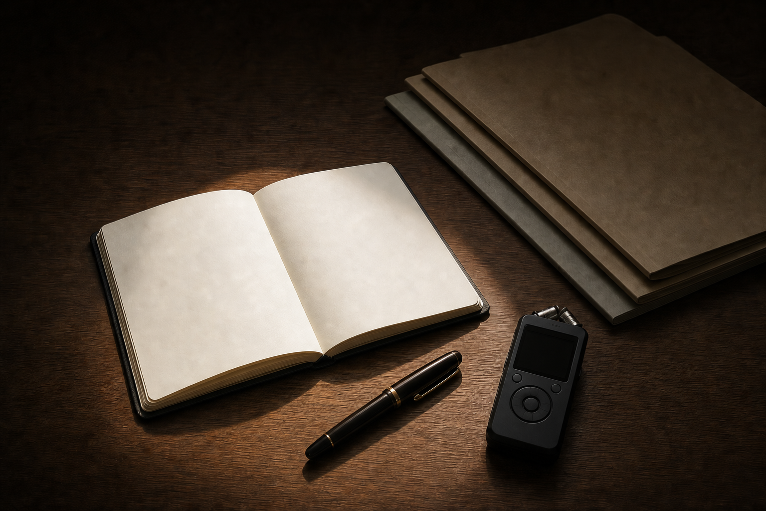 A blank notebook, pen, audio recorder, and closed archival folders sit on a wooden desk partly illuminated by a narrow beam of light.