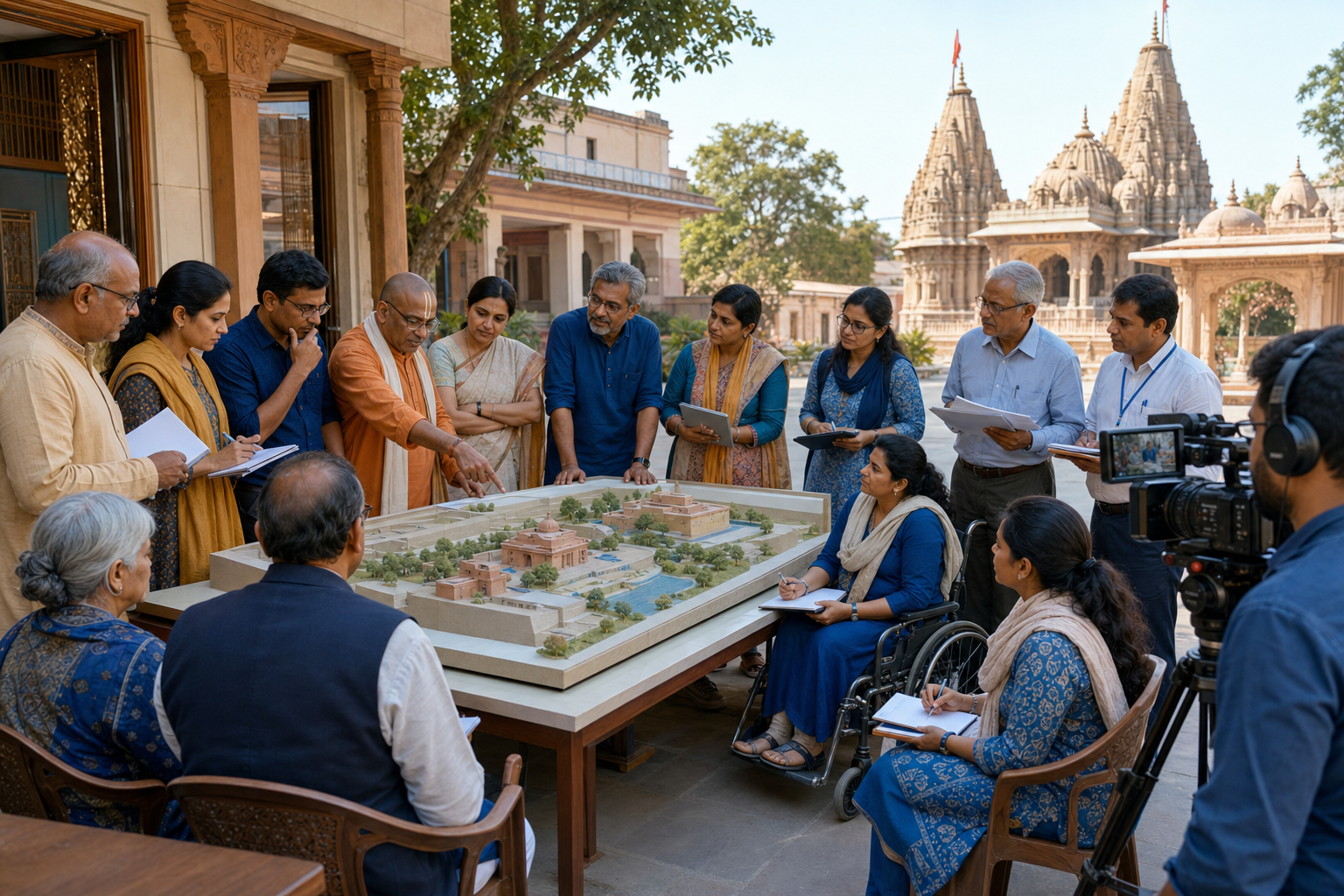 Trustees, residents, devotees, journalists, and officials discuss documents and a sacred-site model during an open community consultation.