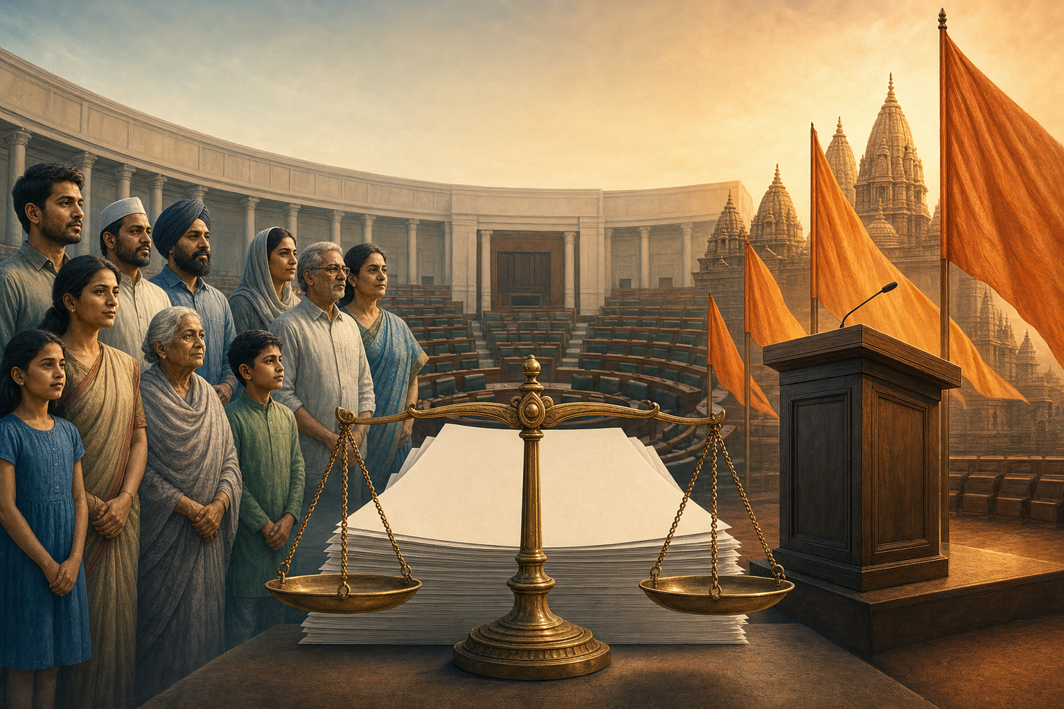 Editorial illustration of an Indian legislative chamber, unmarked bill pages, balanced scales, diverse citizens, and a political podium with plain saffron flags and distant temple spires.