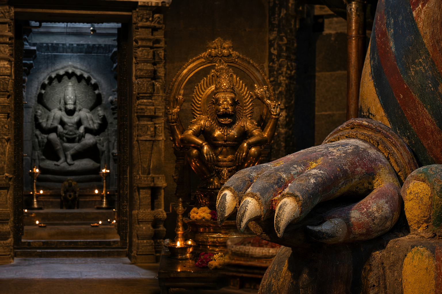 Distant stone, medium-view bronze, and close painted-wood depictions of Narasimha show different levels of detail in the deity's clawed hands.