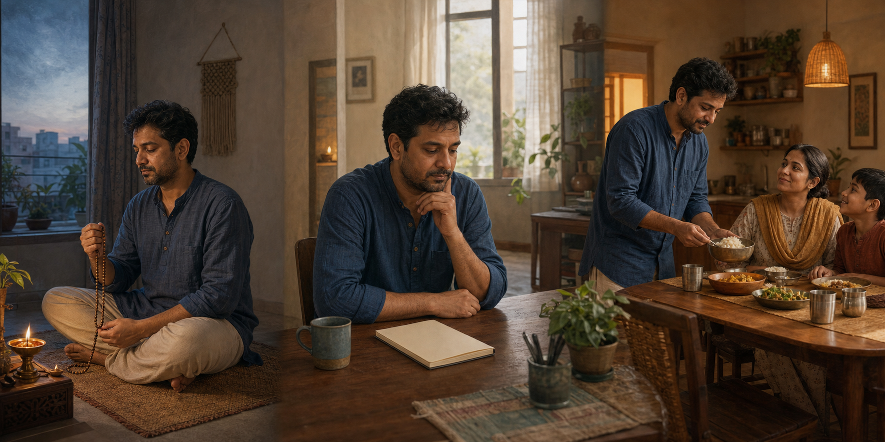 The same householder prays briefly at dawn, pauses reflectively during work, and serves a family meal in the evening.