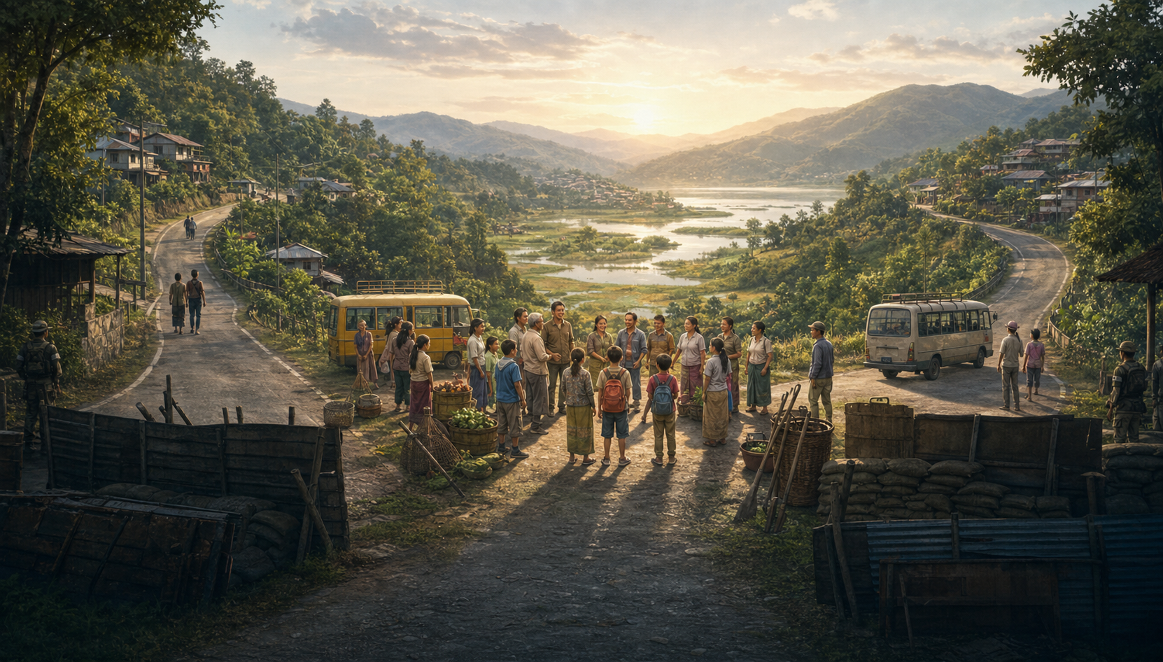 Residents gather in a shared civic space where roads from separated hill and valley neighborhoods converge at dawn.