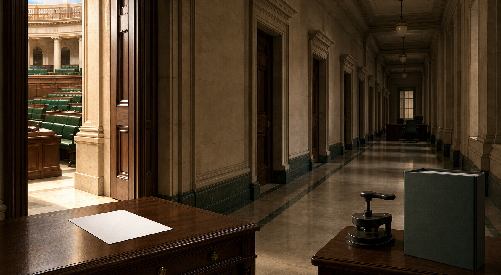 An unmarked bill lies beyond an open assembly doorway, while additional closed government-office doors extend down a corridor.