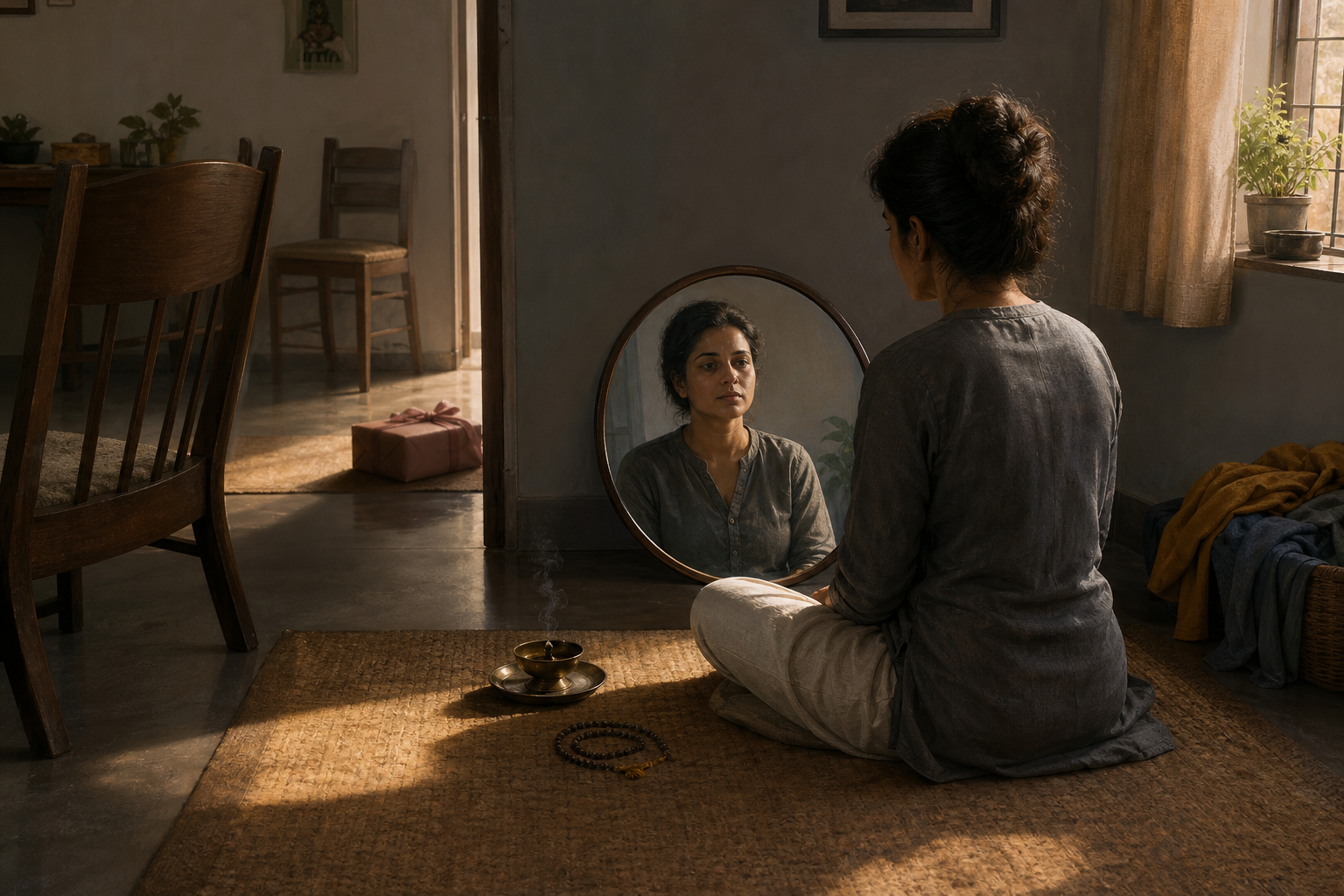 A seated practitioner looks into a round mirror while prayer beads, an extinguished lamp, a small gift, and two separated chairs surround them.