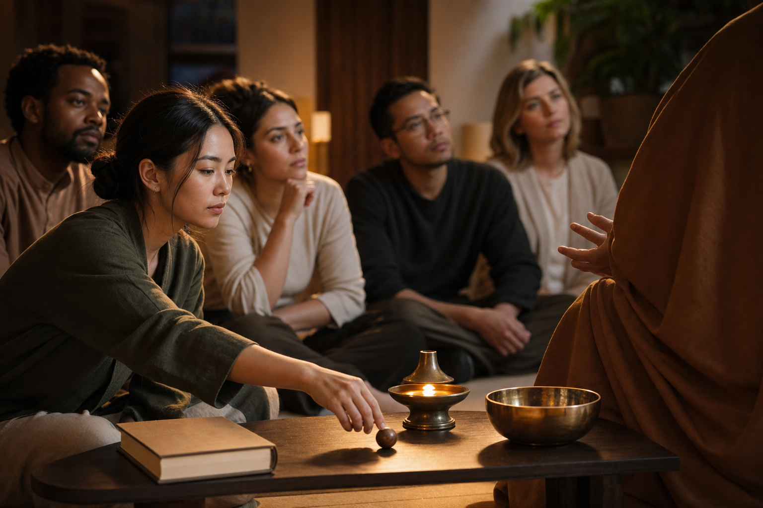 Listeners attend to an off-frame robed speaker while one person separates a blank-covered book, lamp, wooden bead, and reflective bowl into four groups.