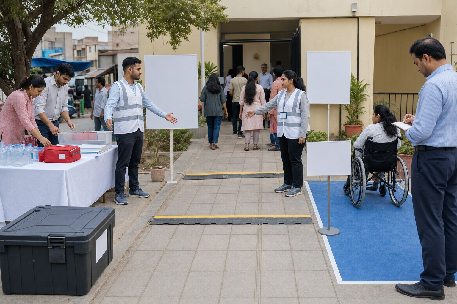 Volunteers arrange an accessible route, first-aid supplies, document folders, and a media area before a peaceful public gathering.