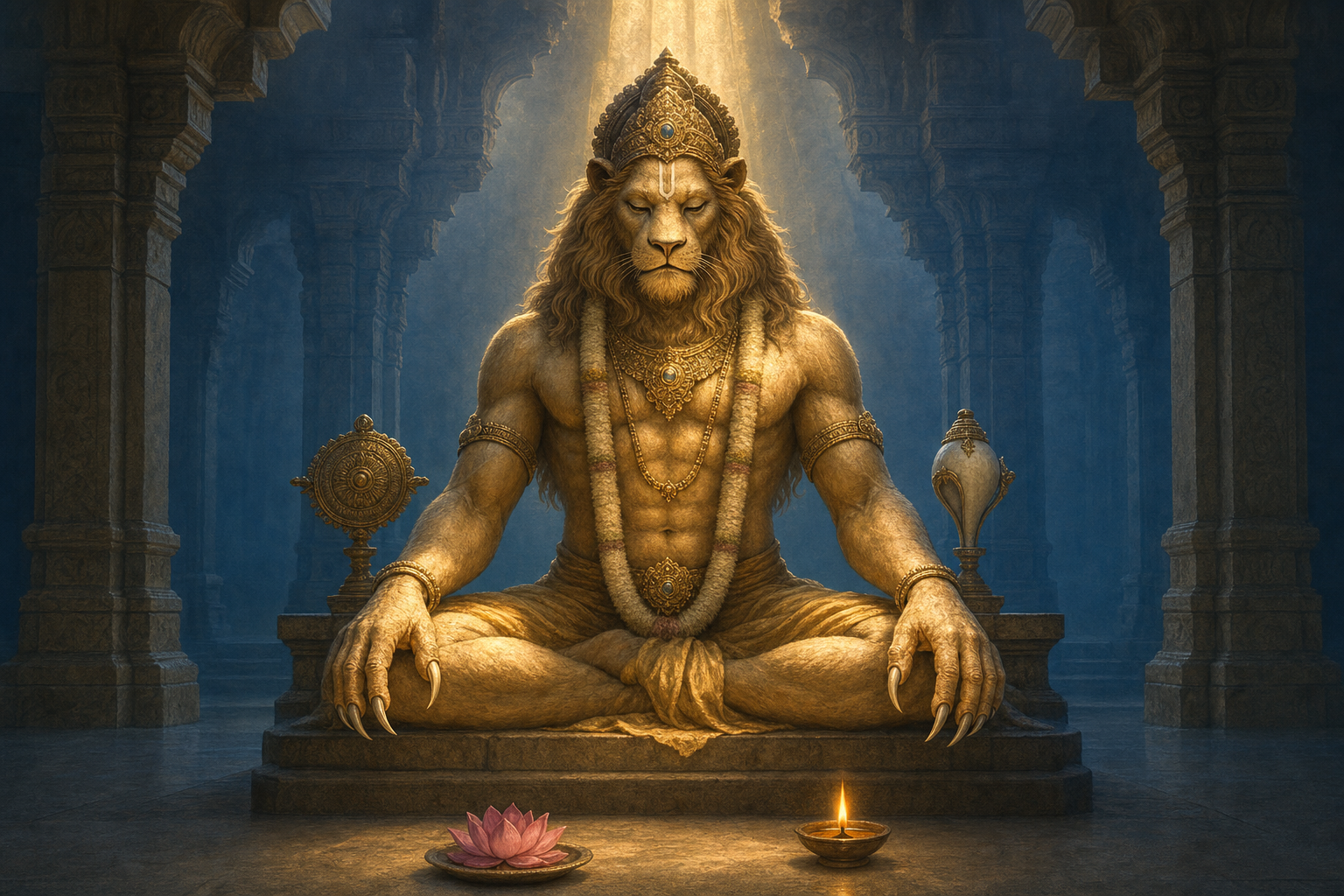 Yoga Narasimha sits upright in a quiet sanctuary with his clawed hands relaxed above his knees, an oil lamp and lotus offering before him.