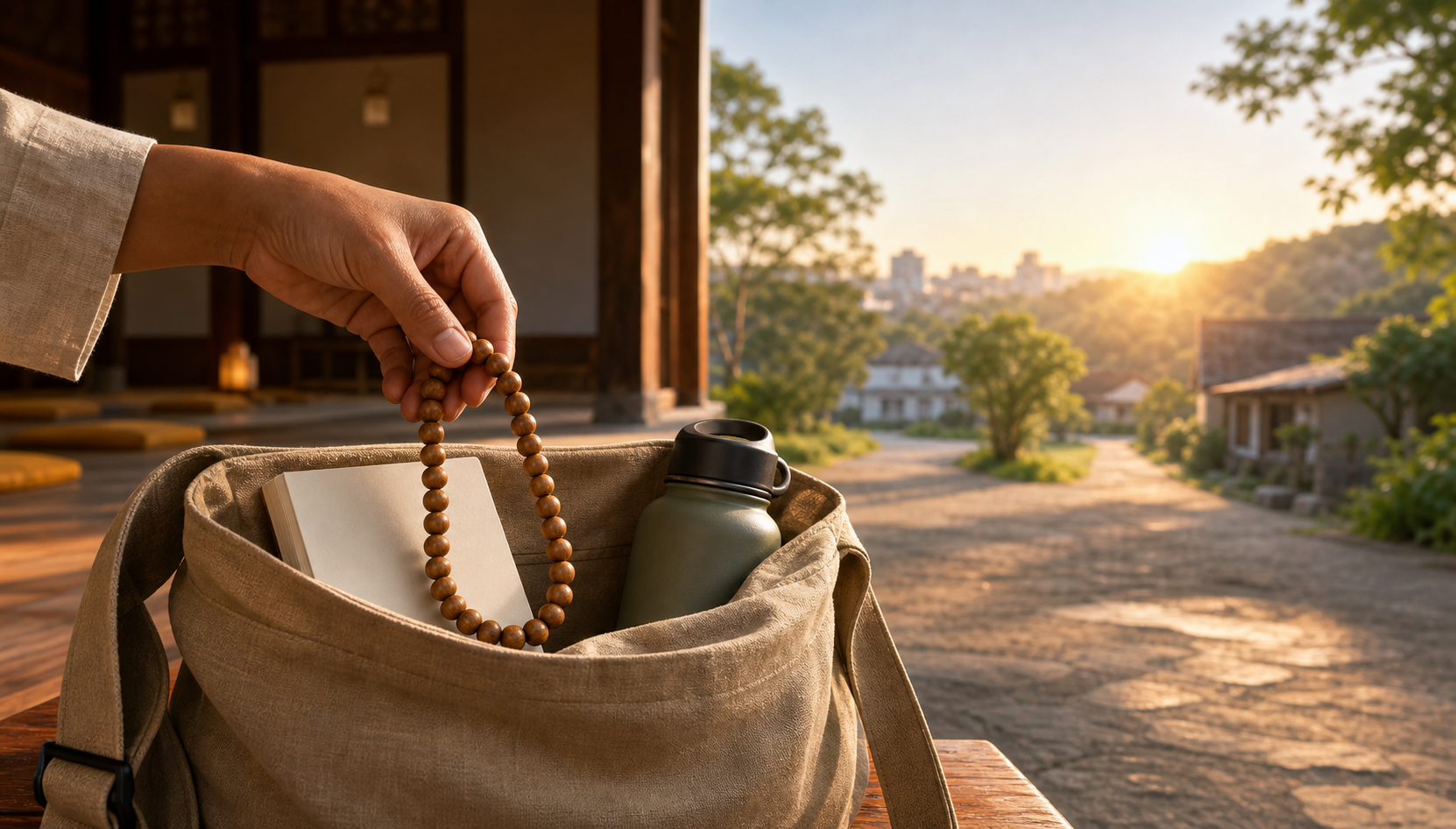 A hand places one strand of wooden prayer beads into a cloth bag beside a blank notebook as a path leads toward an ordinary neighborhood at dawn.
