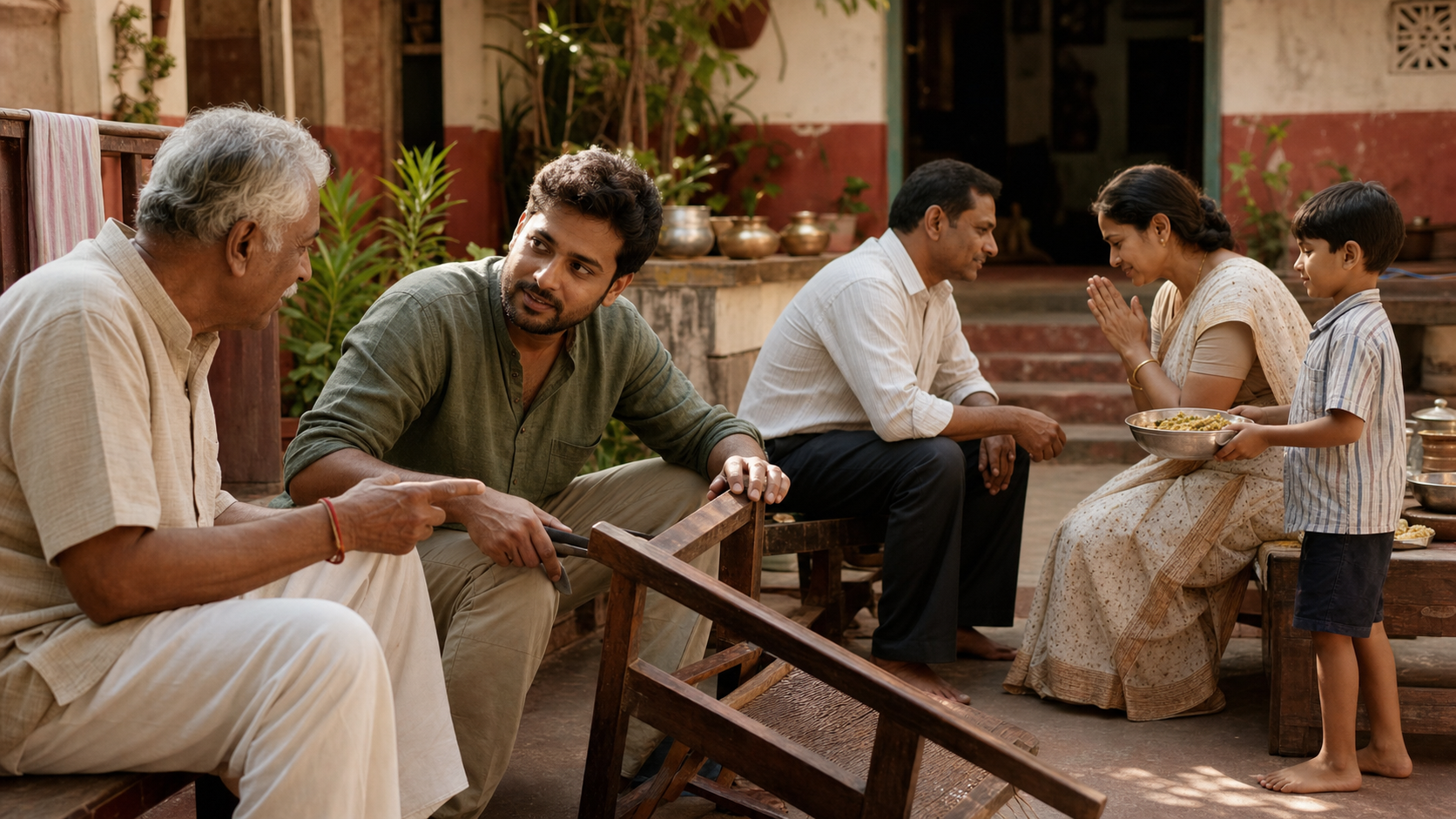 A householder listens to an older relative and repairs a chair while nearby family members reconcile and distribute bowls of food.