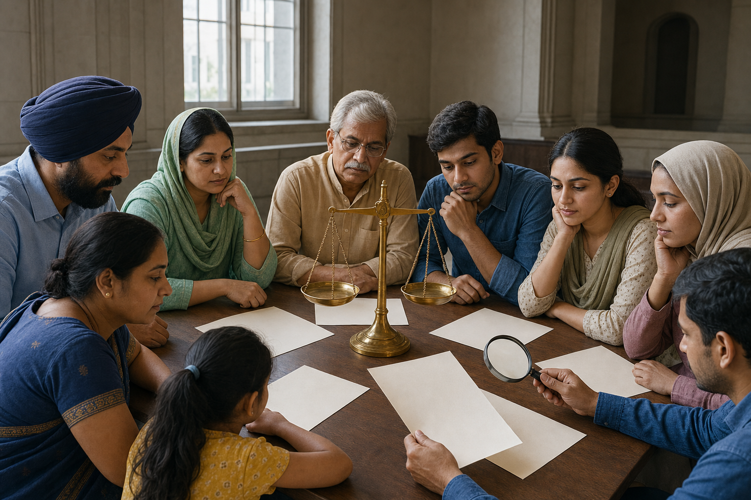 Diverse Indian citizens examine separate blank legal pages with a magnifying glass beside a balanced brass scale.
