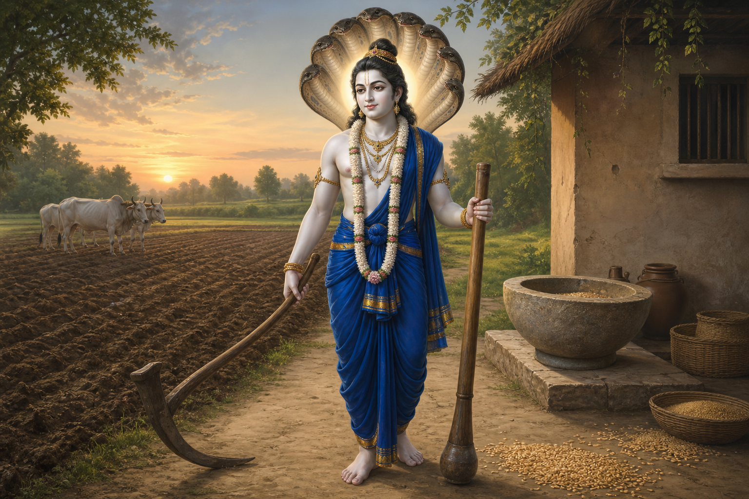 Balarama stands beneath a serpent canopy holding a curved plough and a straight grain pestle between a furrowed field and a grain-processing courtyard.