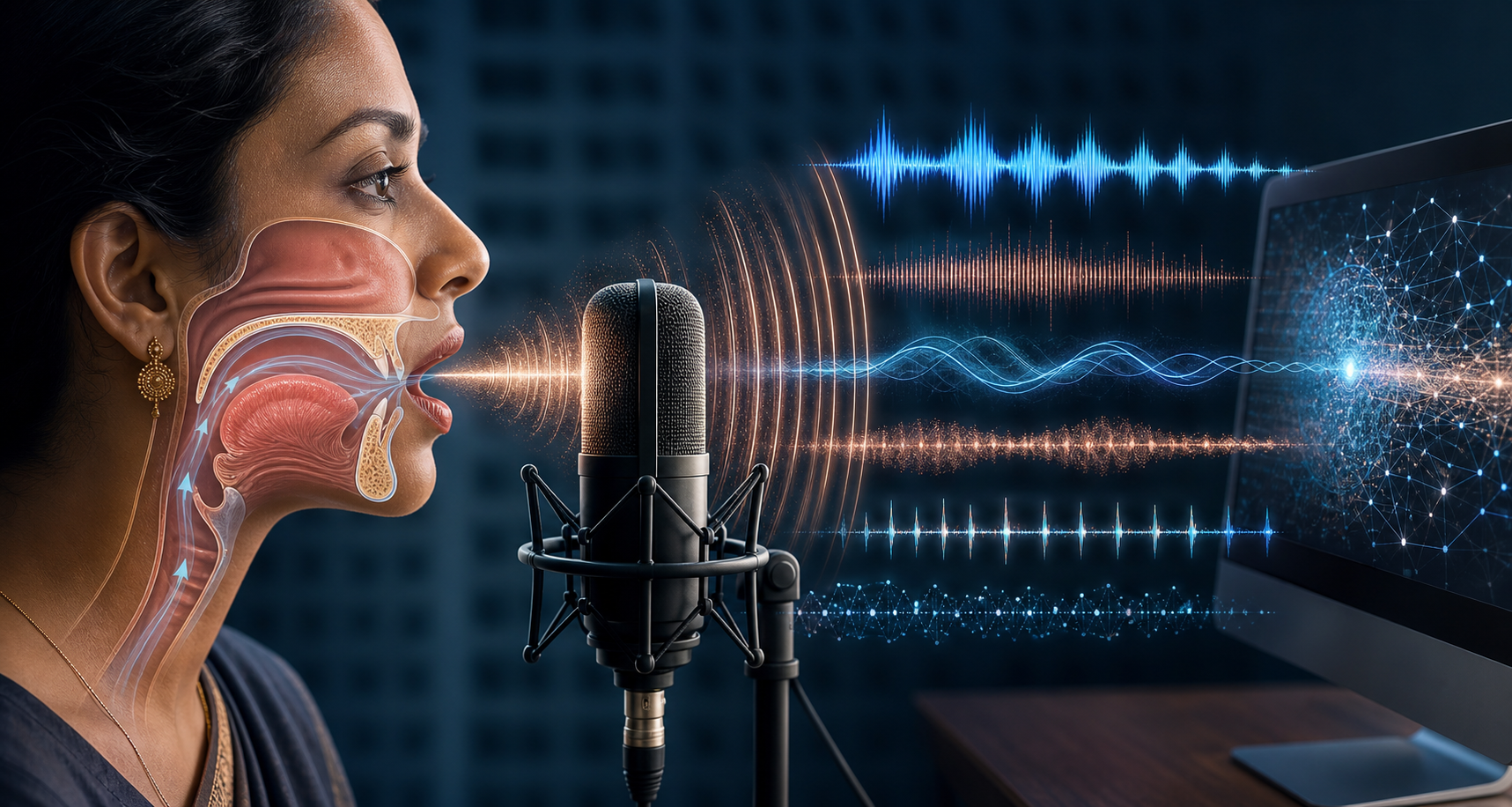 A speaker articulates into a microphone beside translucent views of the mouth, airflow, and layered sound-wave patterns.