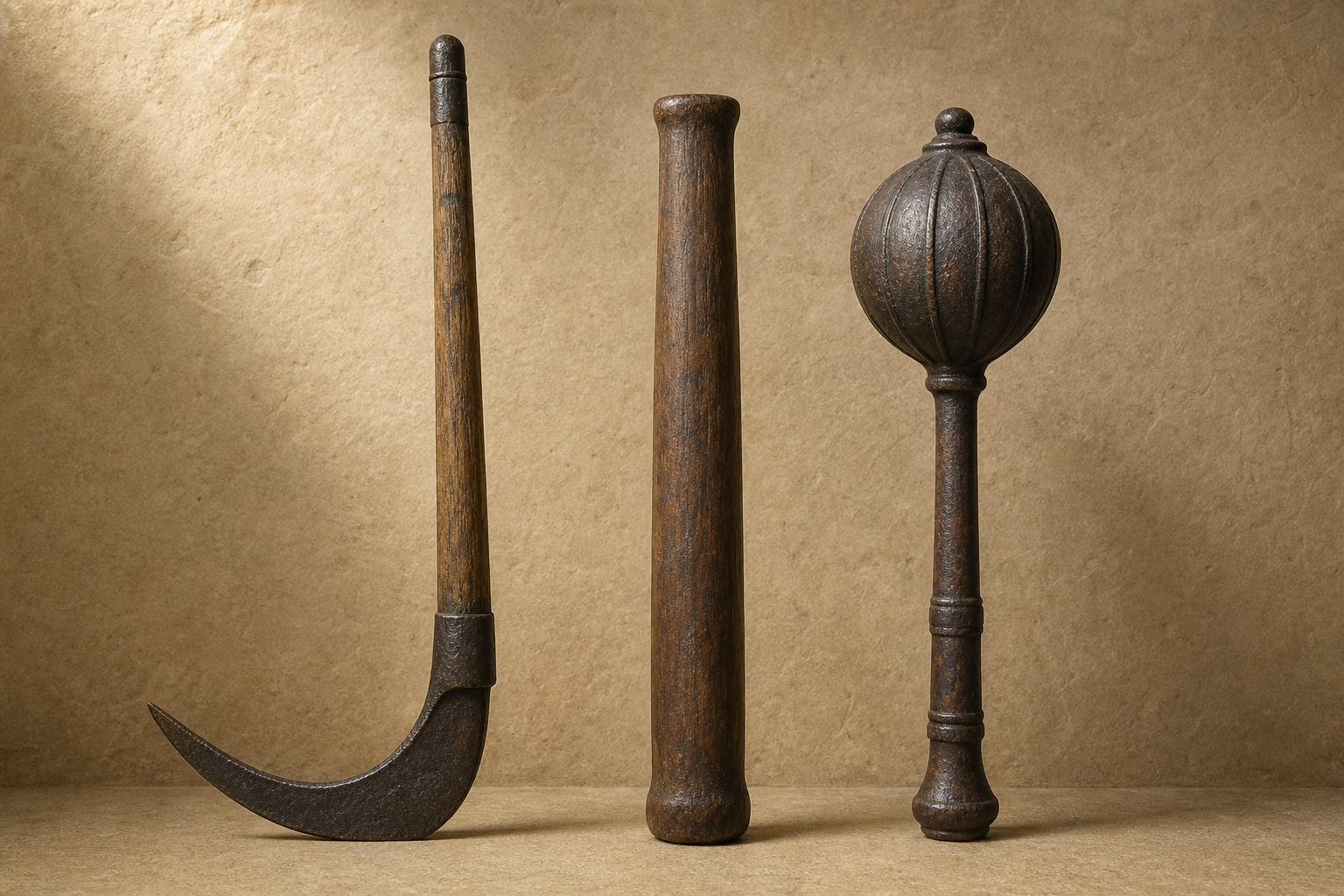 A curved plough, a straight cylindrical grain pestle, and a round-headed mace are displayed side by side against a stone background.