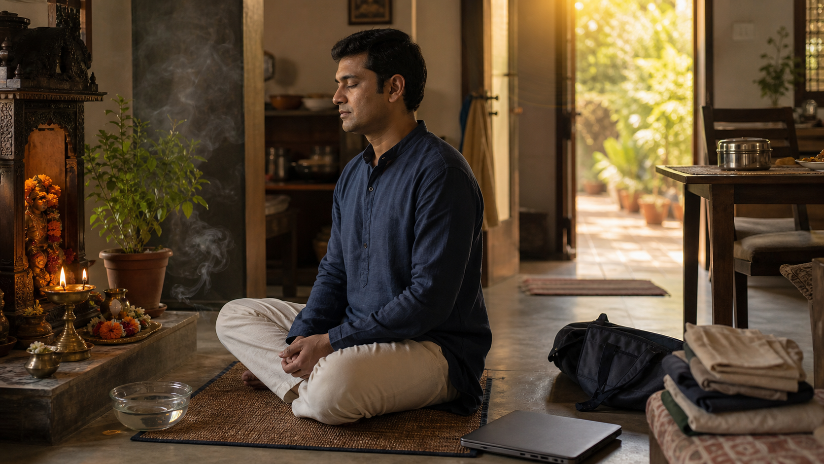 An adult sits on a woven mat beside a lit diya, flowers, water, and a tulsi plant in a contemporary home at dawn, with work and household items nearby.