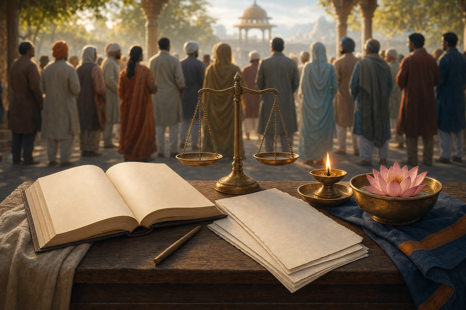 An open unmarked legal volume, blank clause pages, balanced scales, an oil lamp, and a lotus sit before a diverse group in a civic courtyard.