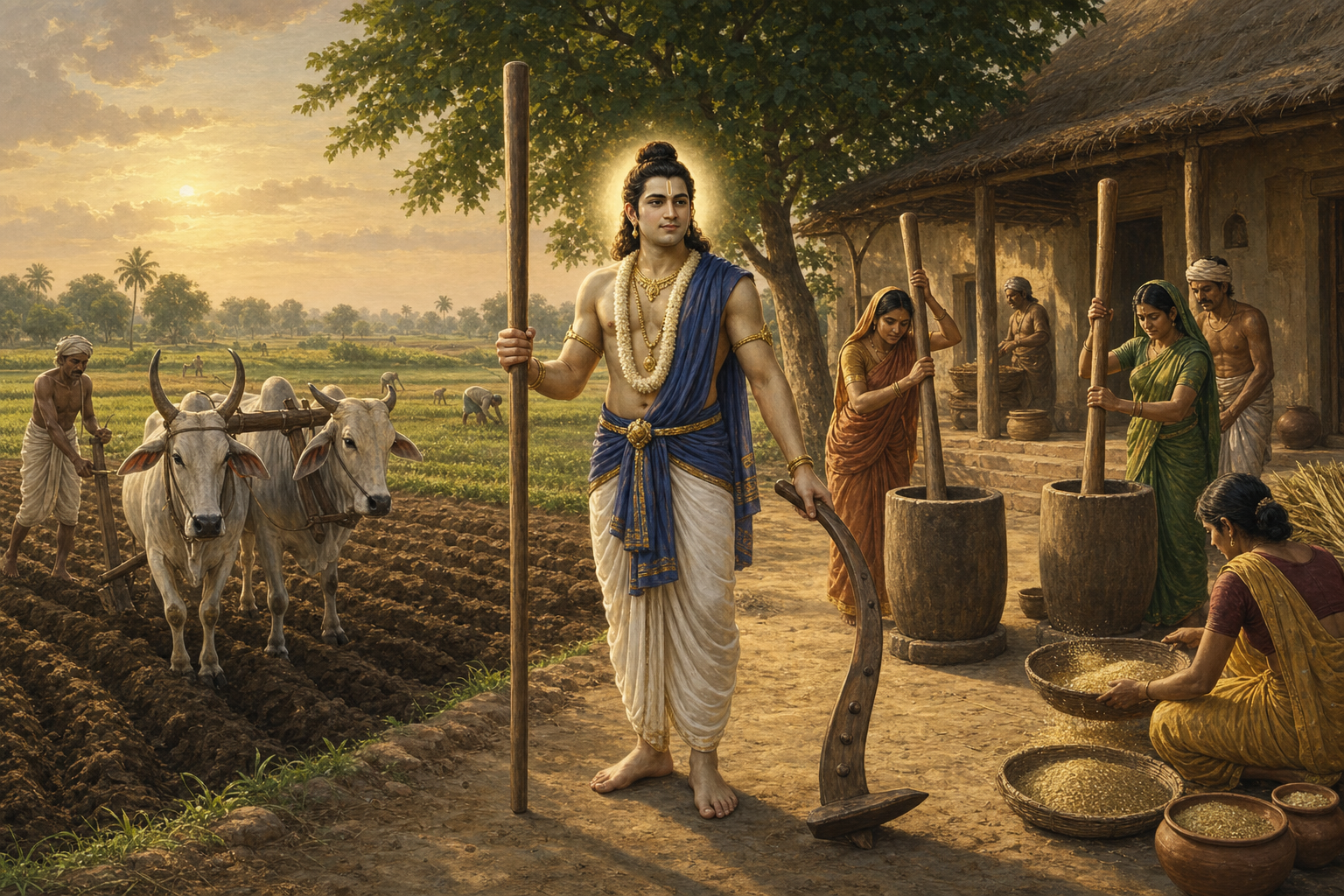 Balarama holds a curved plough and a straight pestle between farmers cultivating a field and a household preparing harvested grain.