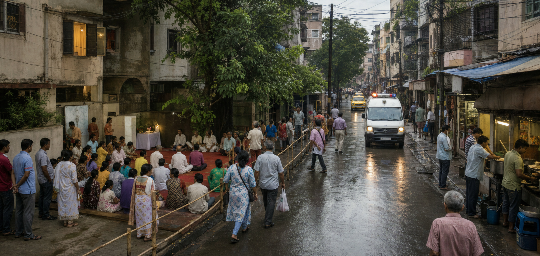 A religious gathering occupies a bounded part of a Kolkata street while pedestrians, shops and an ambulance retain an open passage.