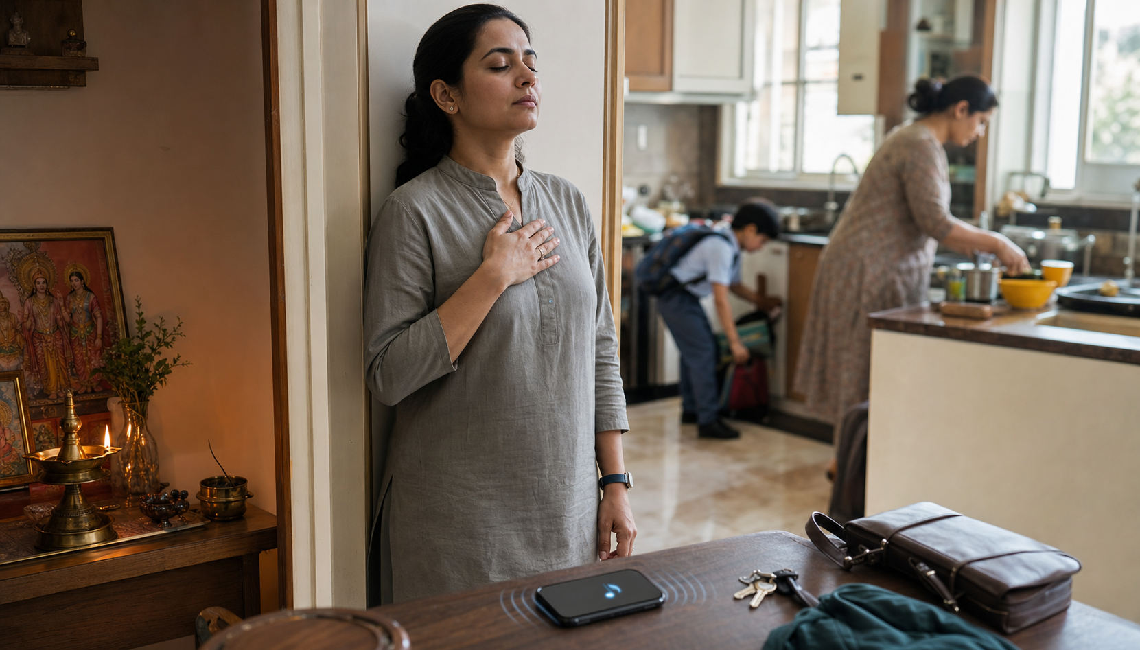 An adult pauses calmly at a doorway during a busy family morning while breakfast, school, and work preparations continue around them.