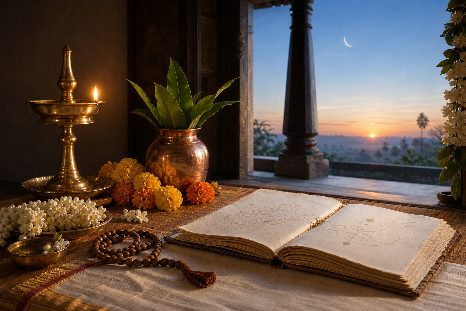 A brass lamp, flowers, prayer beads, copper kalasha, and open almanac sit at a home altar as a crescent moon fades into sunrise.