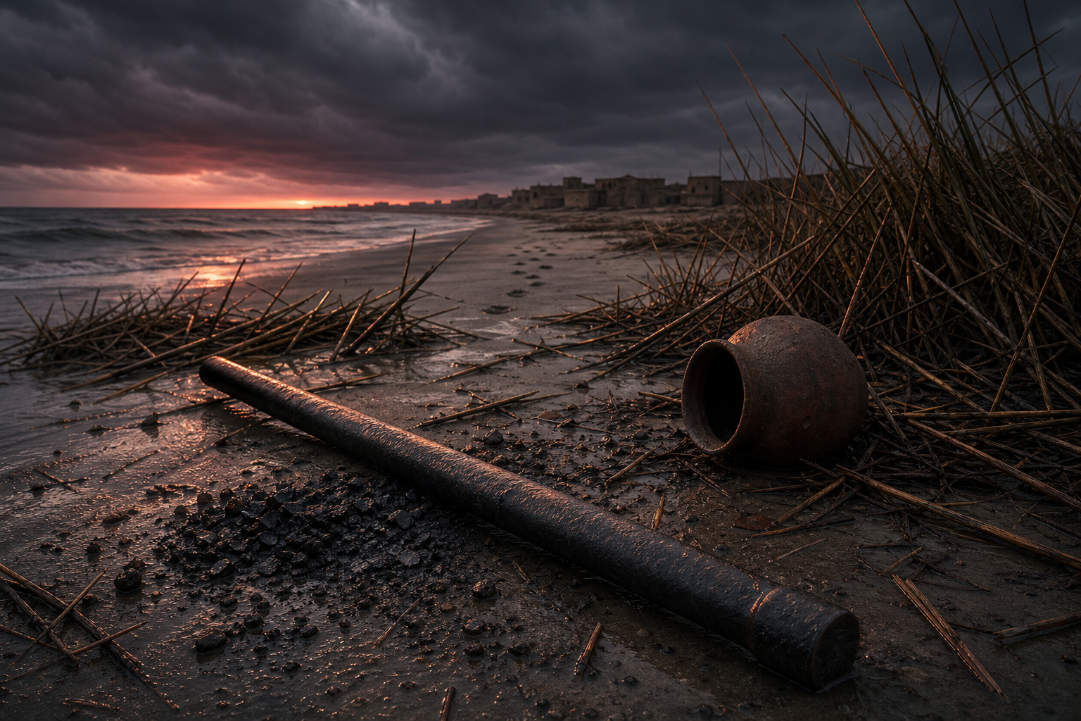 A fractured iron pestle lies among reeds on a storm-darkened seashore beside an overturned clay vessel and abandoned footprints.