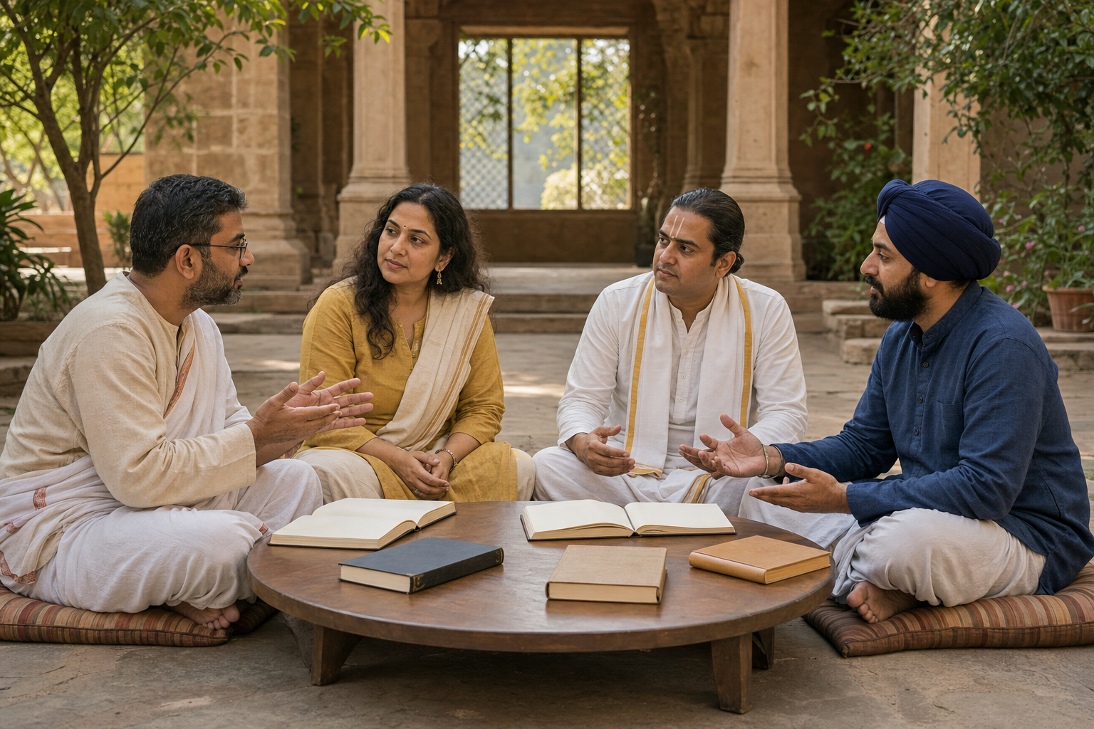 Four scholars in varied clothing discuss several differently bound books around a low table in a courtyard.