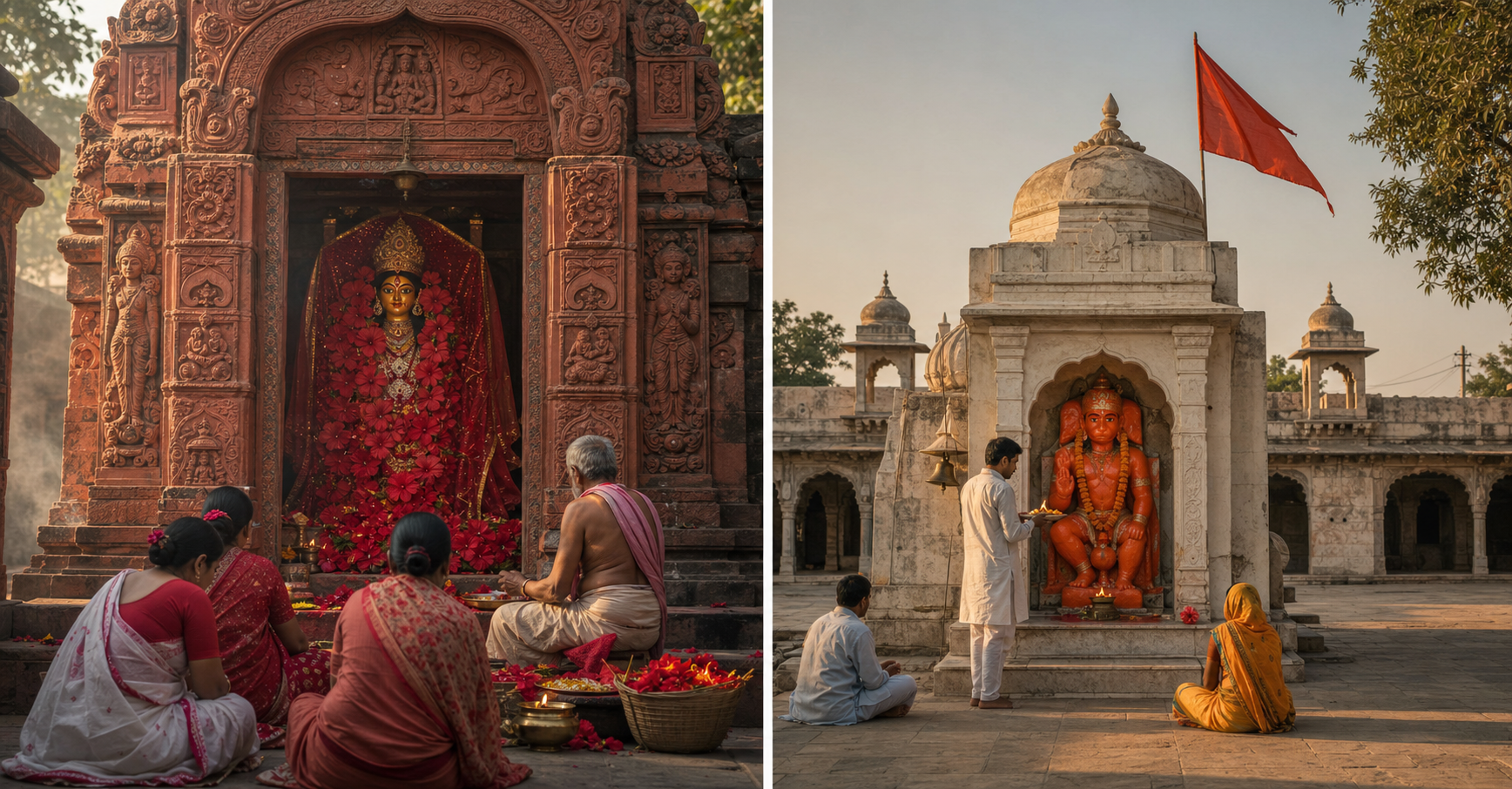 Two separate temple scenes show red hibiscus and cloth at a Goddess shrine and orange-red sindoor with a scarlet flag at a Hanuman shrine.