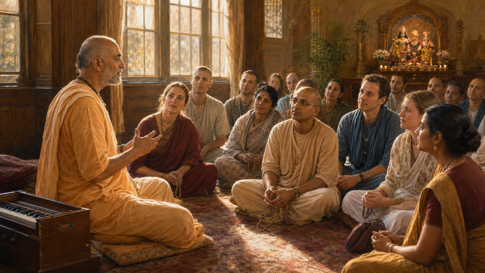 An anonymous Vaishnava teacher leads a seminar for a diverse group of adults seated in a circle inside a temple hall.