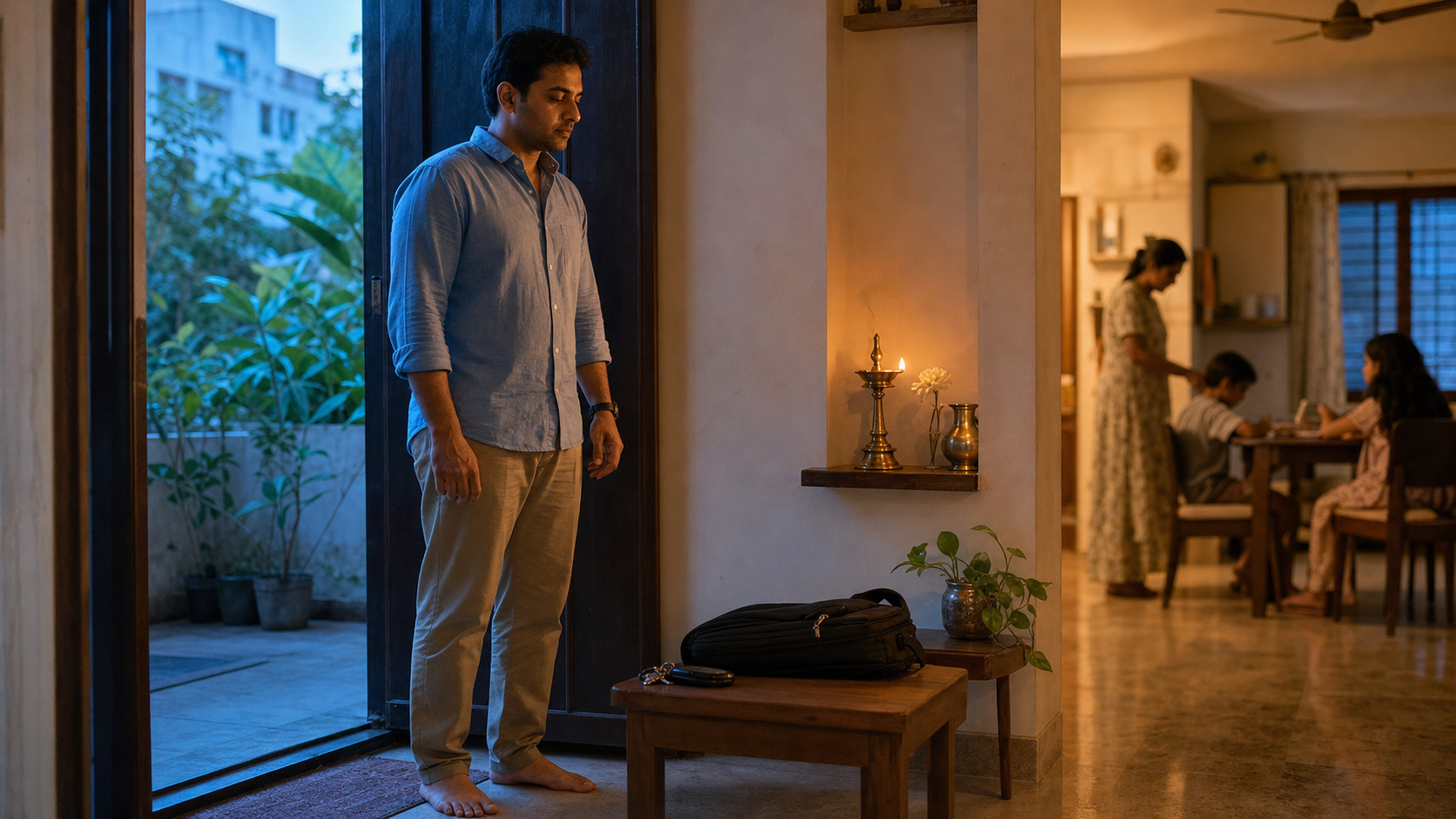 An adult pauses beside a home entrance at dusk after setting down shoes, keys, and a work bag, as warm indoor light meets the cool evening outside.