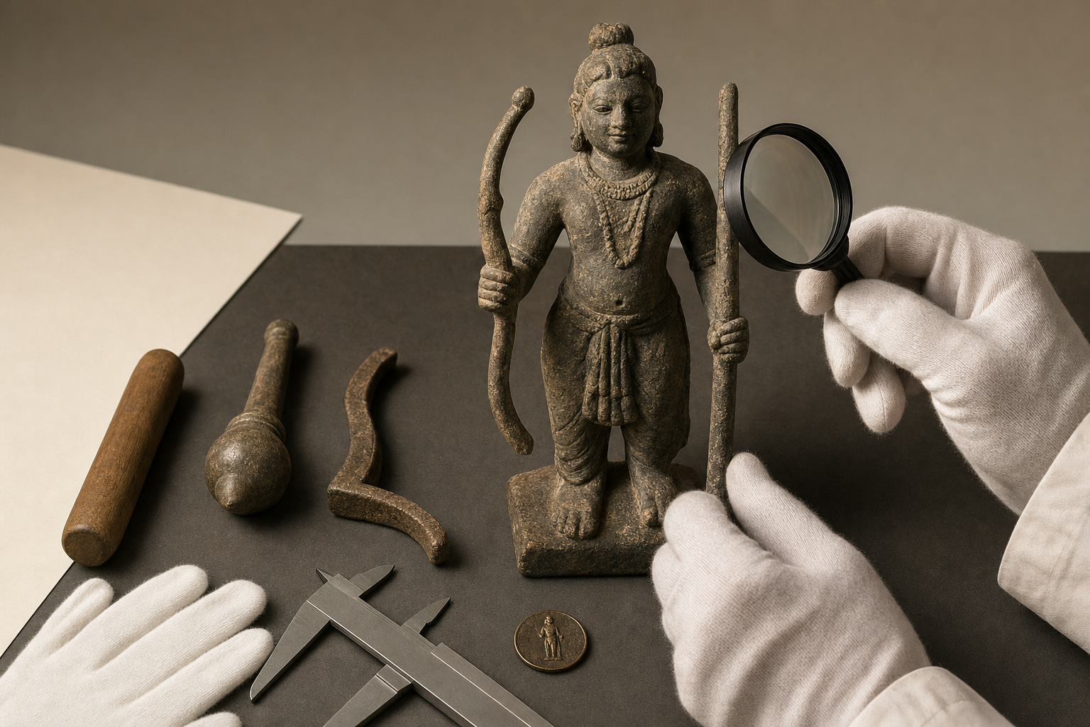 A conservator examines a small Balarama sculpture while comparing its worn attributes with a pestle, mace, plough, and ancient-style coin.