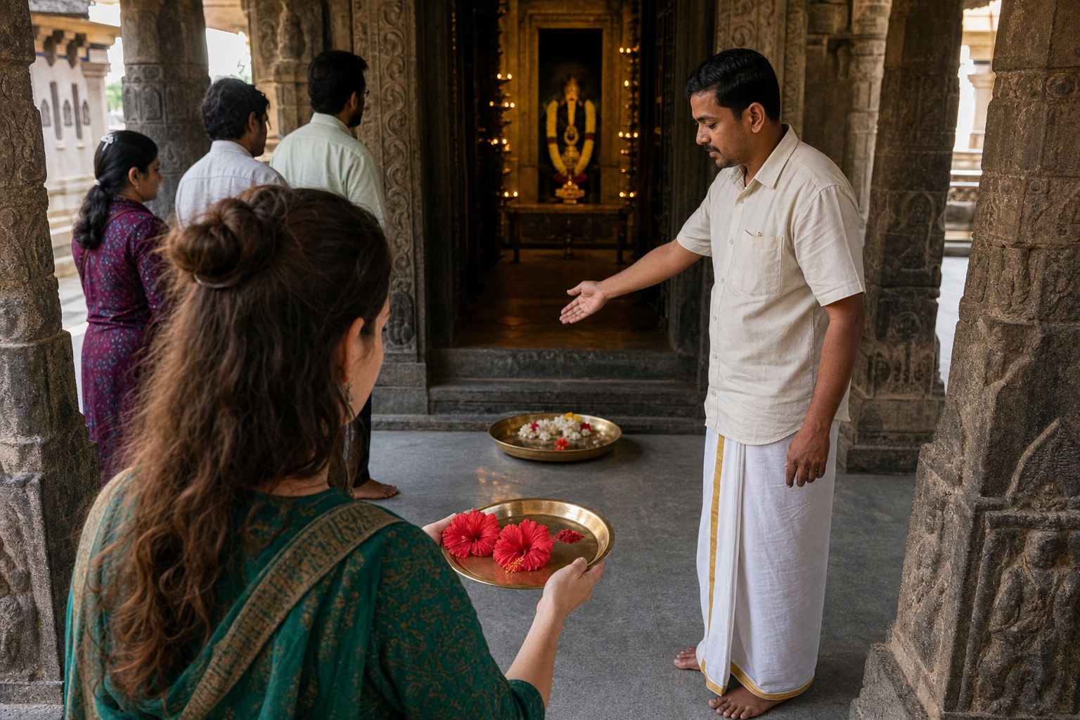 A temple visitor holds hibiscus and kumkum while an attendant indicates the offering tray outside the sanctum threshold.