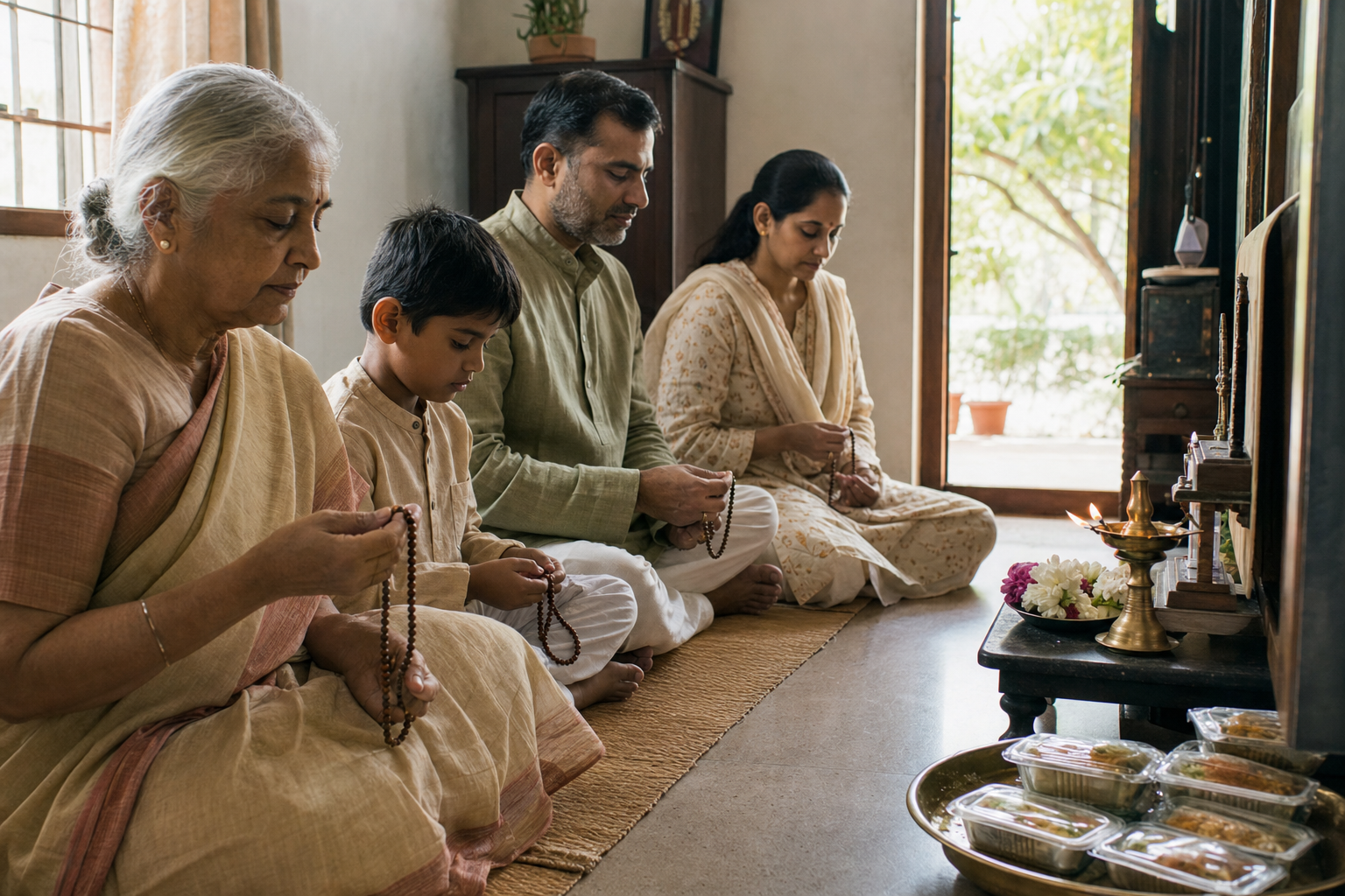 Three generations of an Indian family perform japa beside a brass lamp, flowers, and food portions prepared for charitable service.