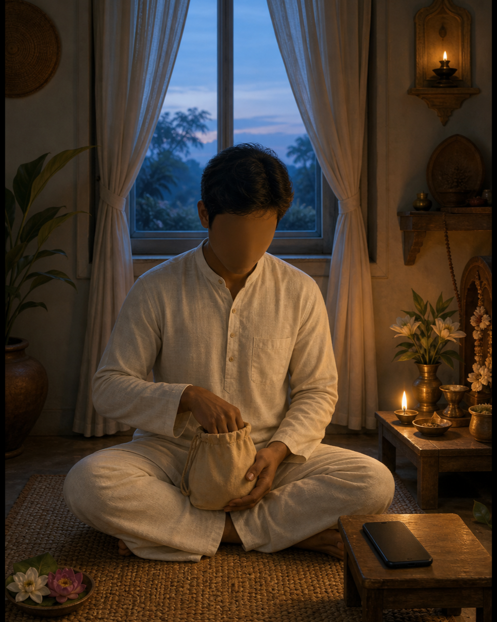 A devotee chants with a bead bag beside a small home shrine at dawn while a phone rests face down nearby.