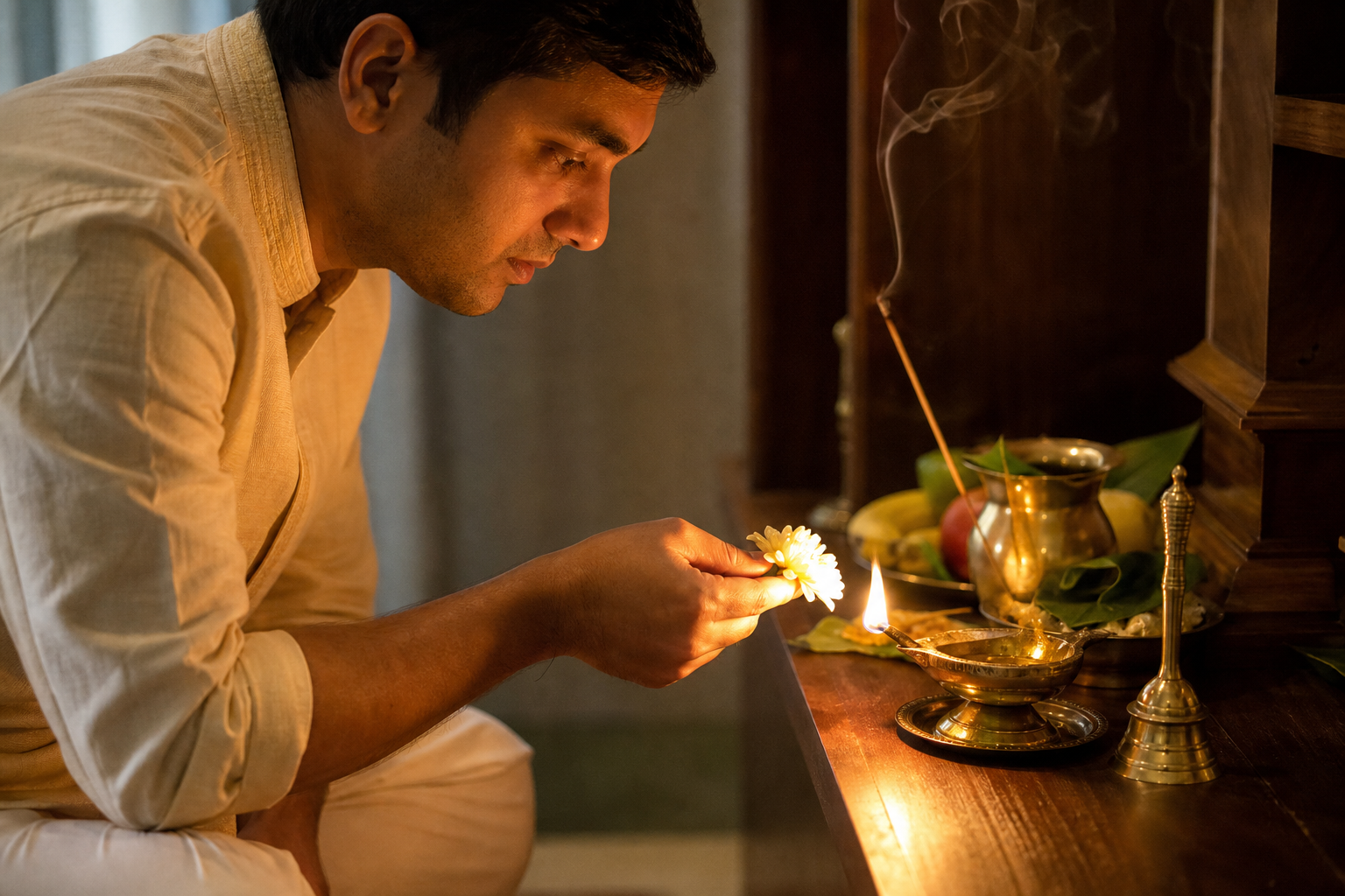 An adult attentively offers a flower at a simple home altar with a diya, bell, water vessel, fruit, and incense.