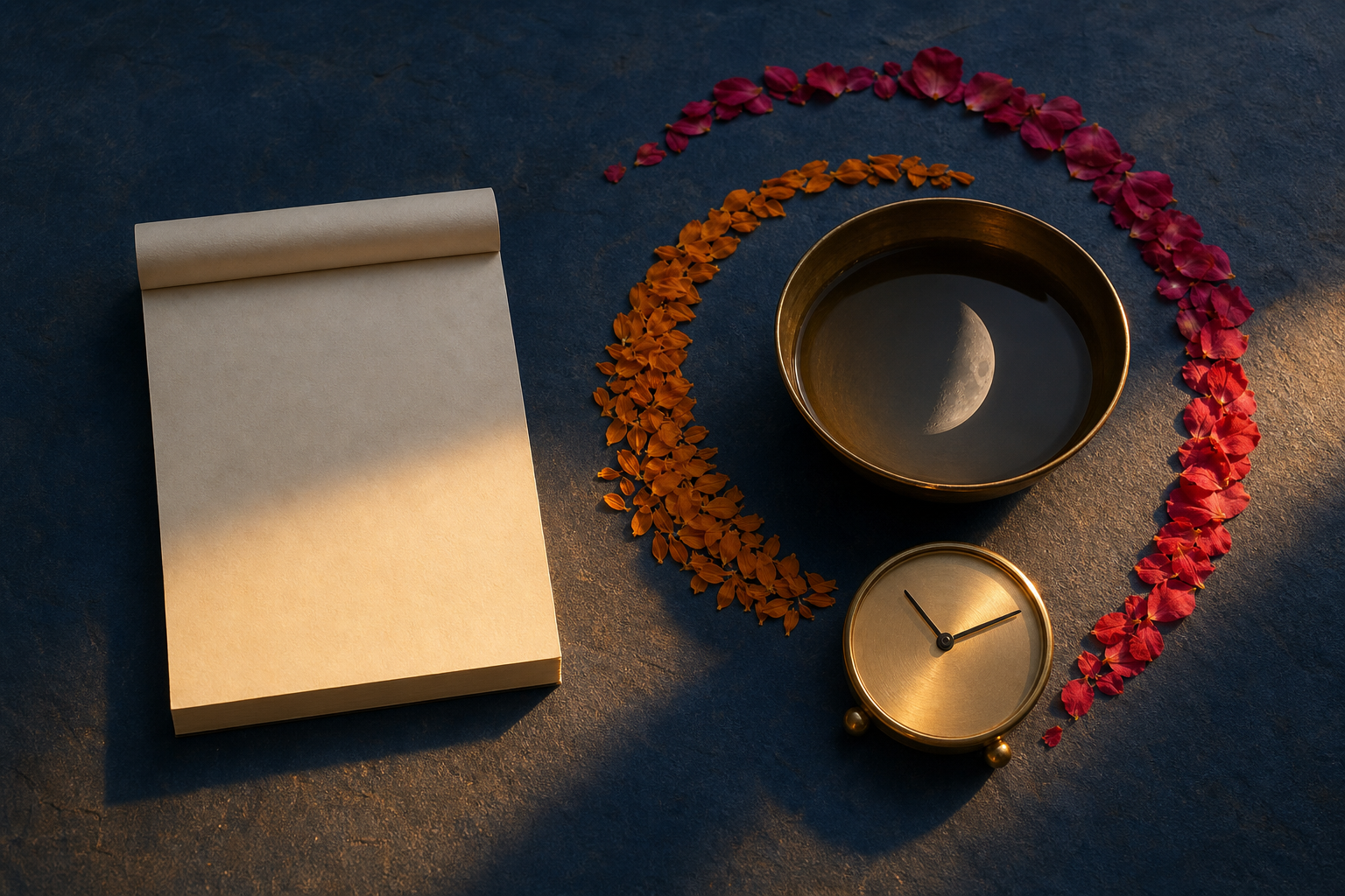 A blank calendar page, numeral-free clock, moon reflection, and arcs of flower petals contrast civil and lunar measures of time.