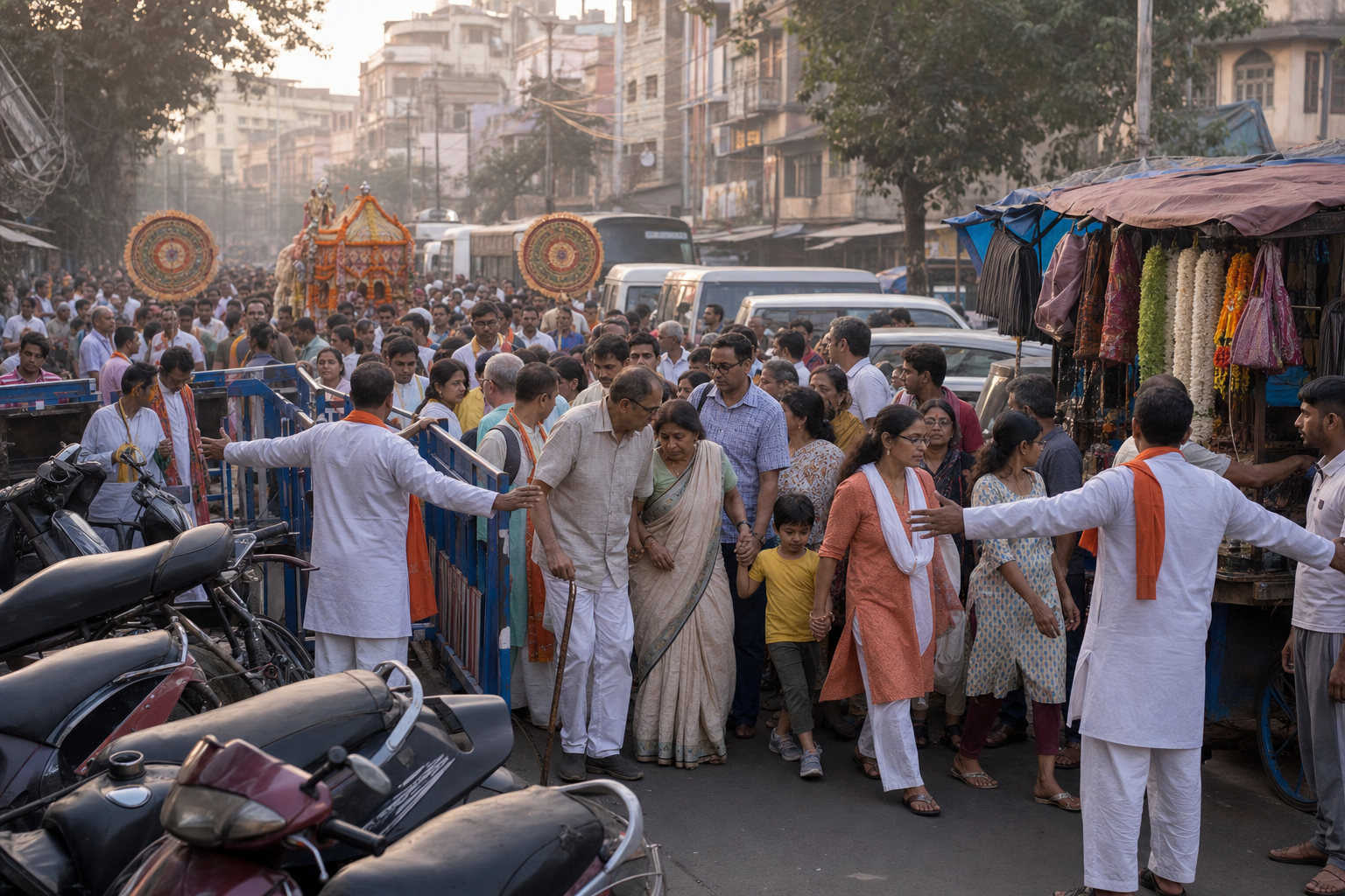 A peaceful crowd compresses at a narrow Kolkata junction as volunteers begin clearing the bottleneck.