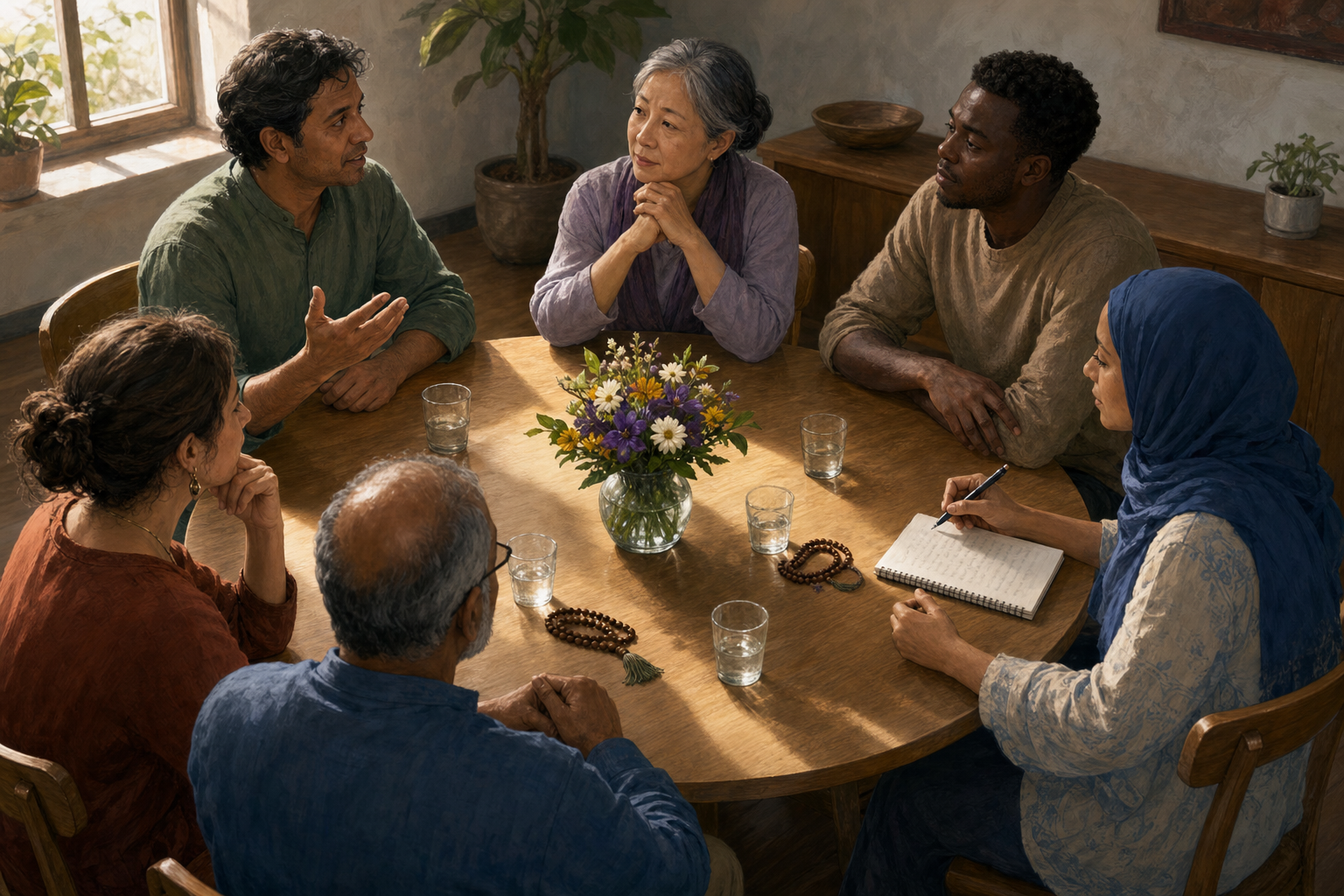 Six temple community members discuss a difficult issue around a circular table while one person speaks and the others listen.